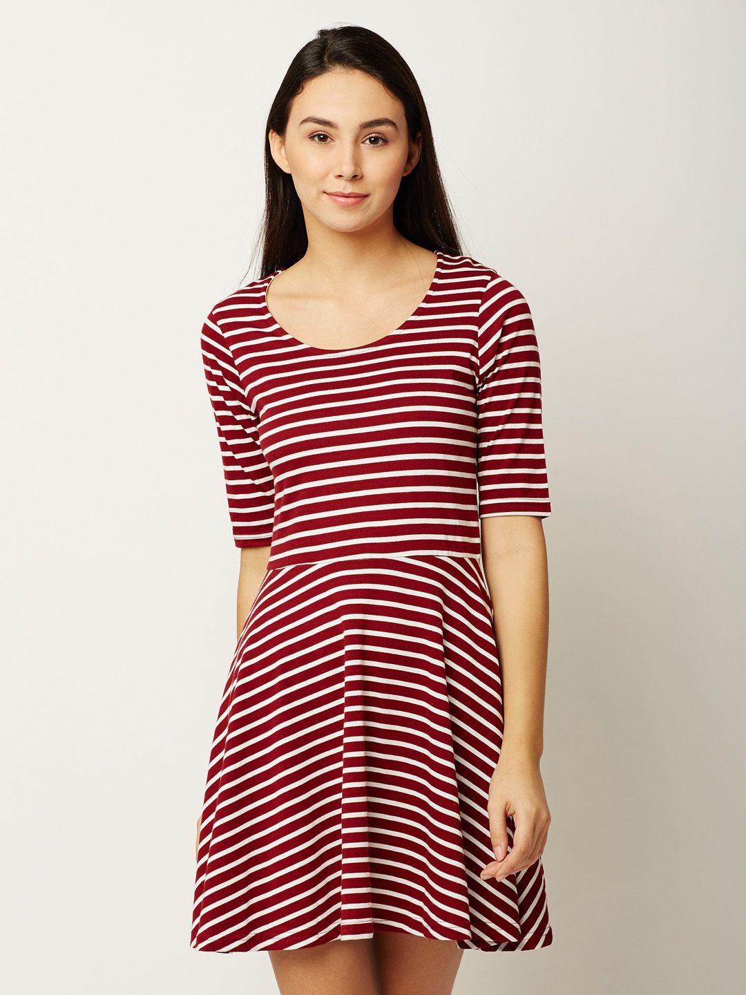 miss chase women maroon and white striped fit and flare dress