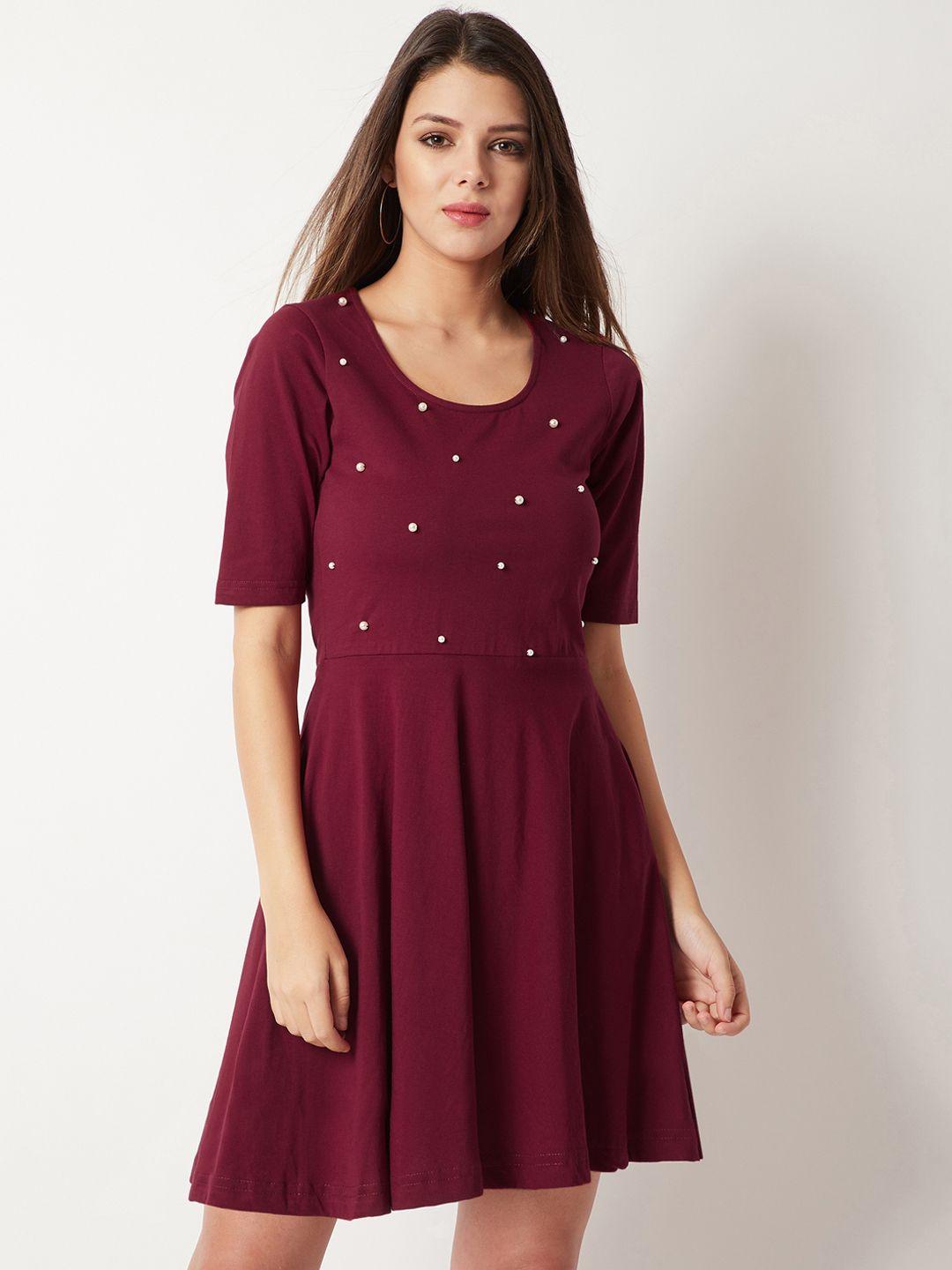 miss chase women maroon embellished fit and flare dress