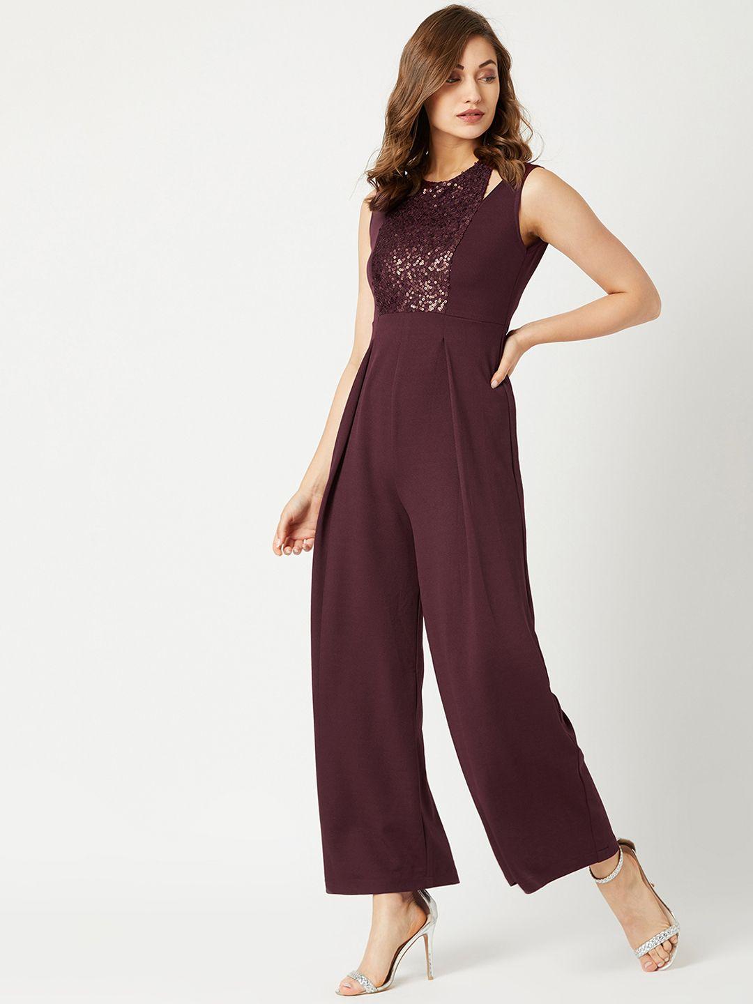 miss chase women maroon sequinned basic jumpsuit