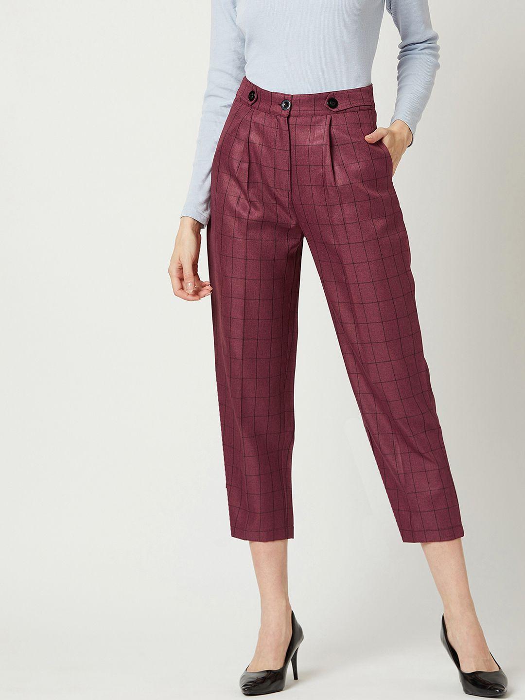 miss chase women maroon skinny fit printed cigarette trousers