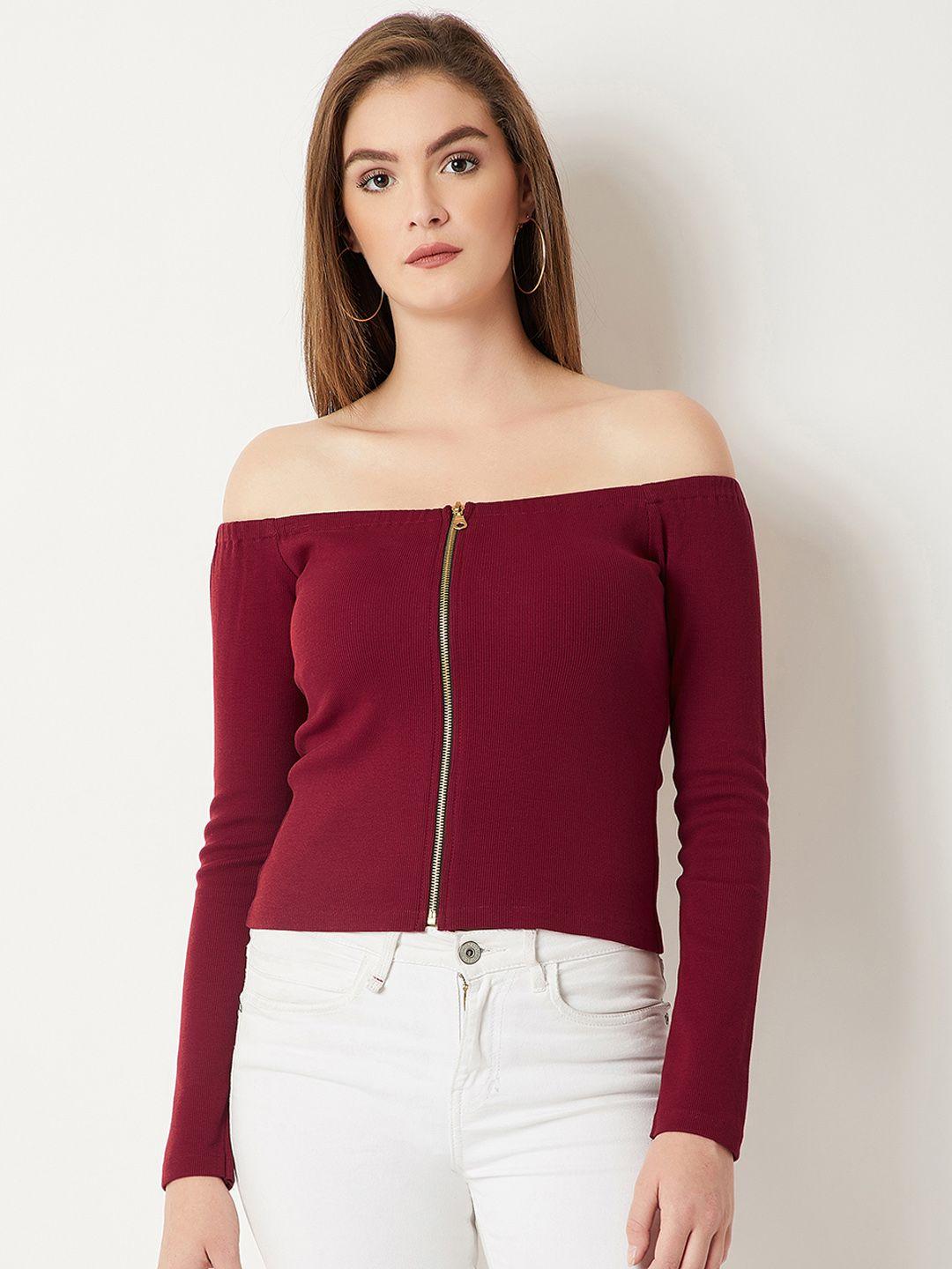 miss chase women maroon solid bardot pure cotton top