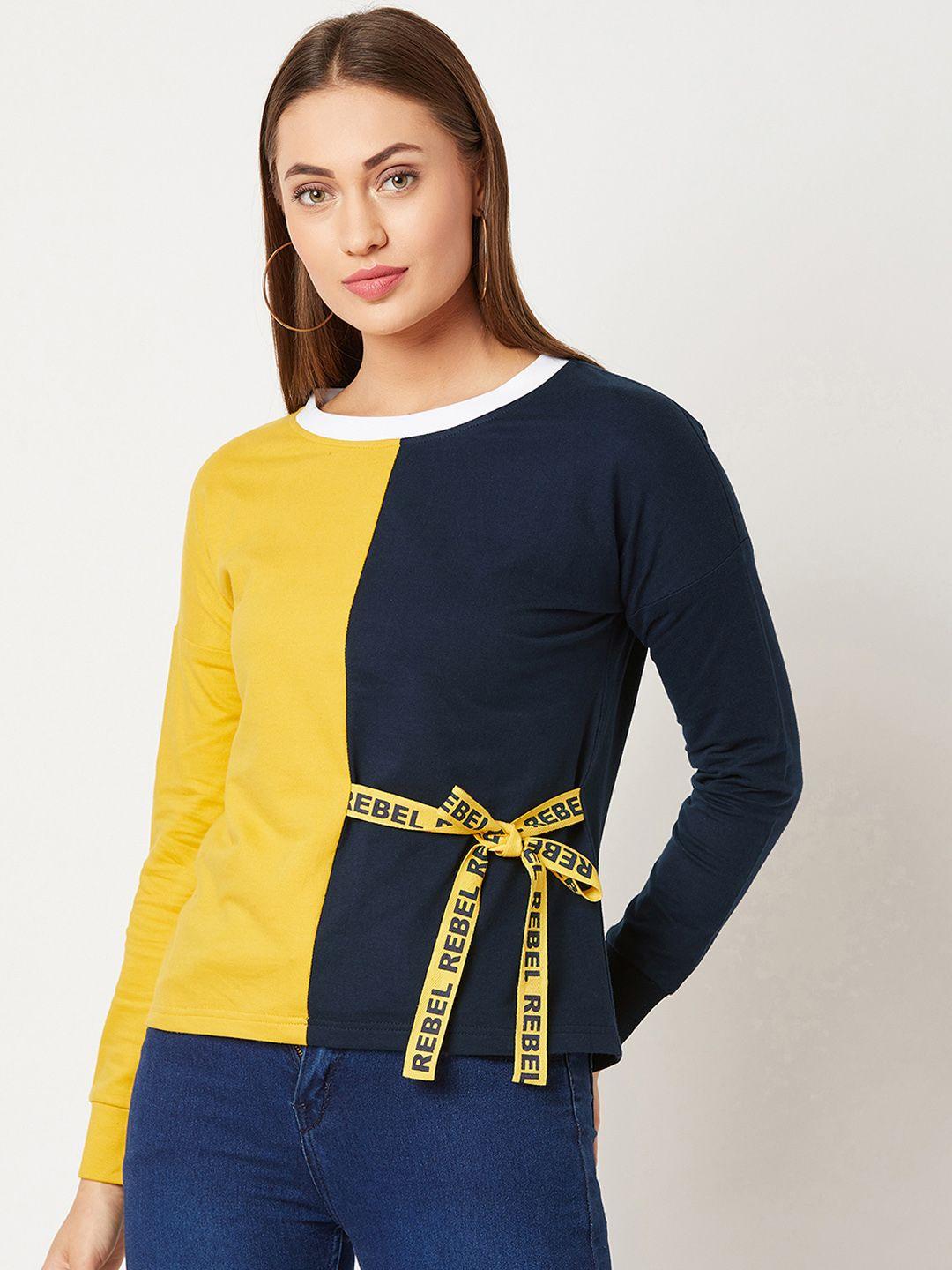 miss chase women mustard yellow & navy blue colourblocked sweatshirt