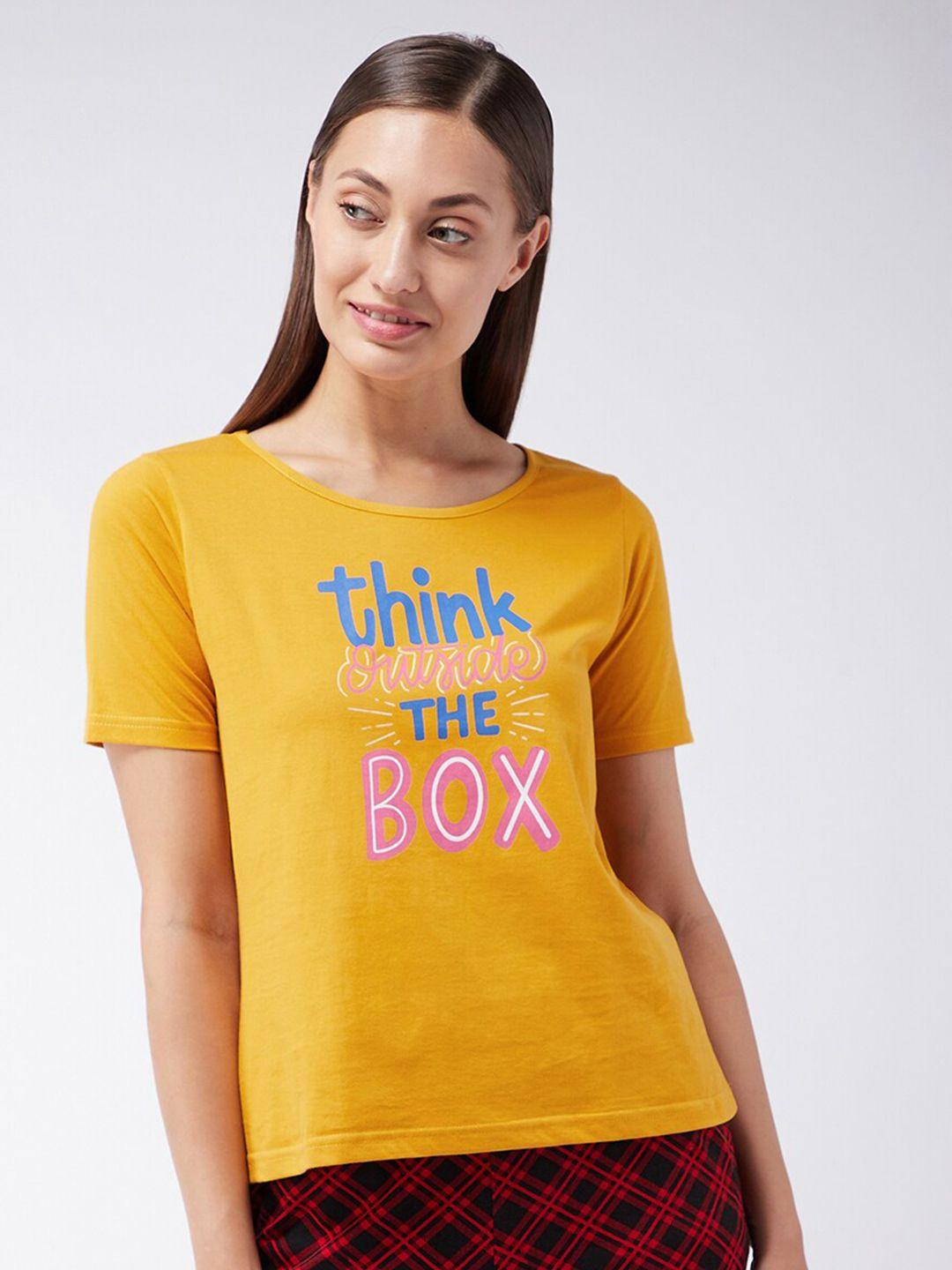 miss chase women mustard yellow typography printed pure cotton t-shirt