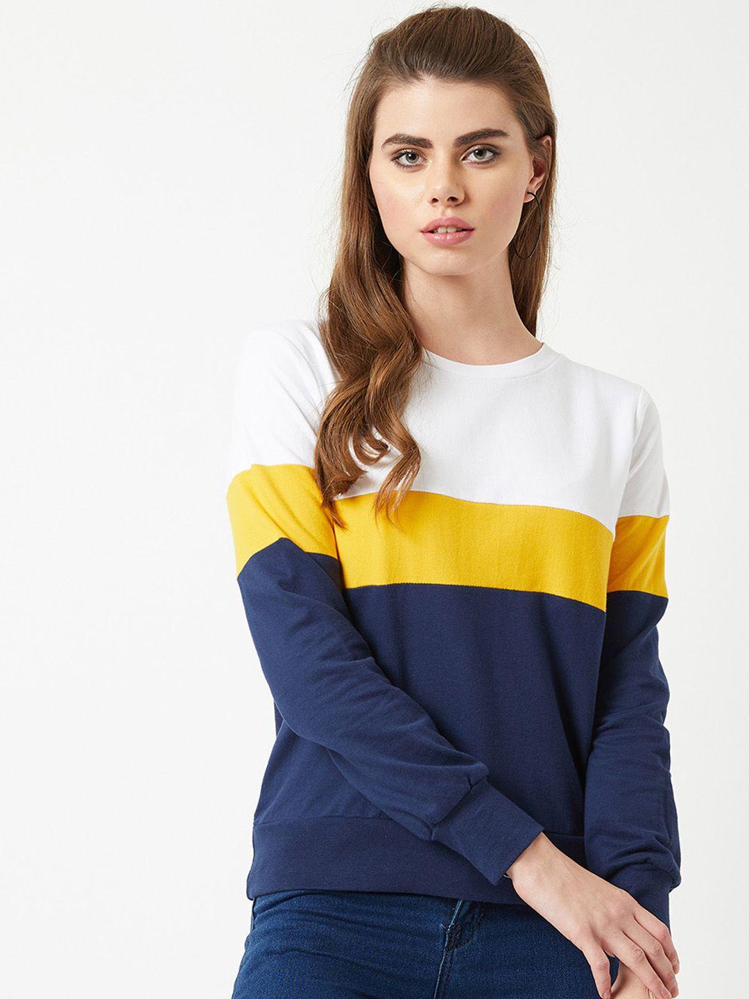miss chase women navy blue & white colourblocked sweatshirt
