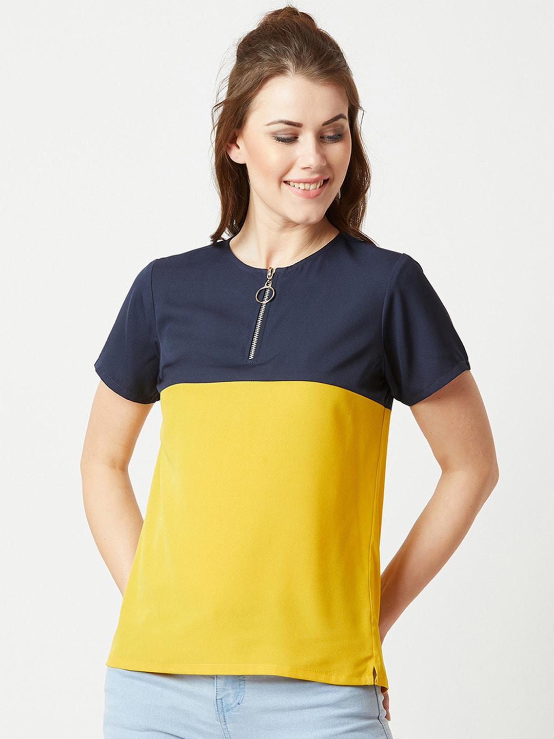 miss chase women navy blue & yellow colourblocked top