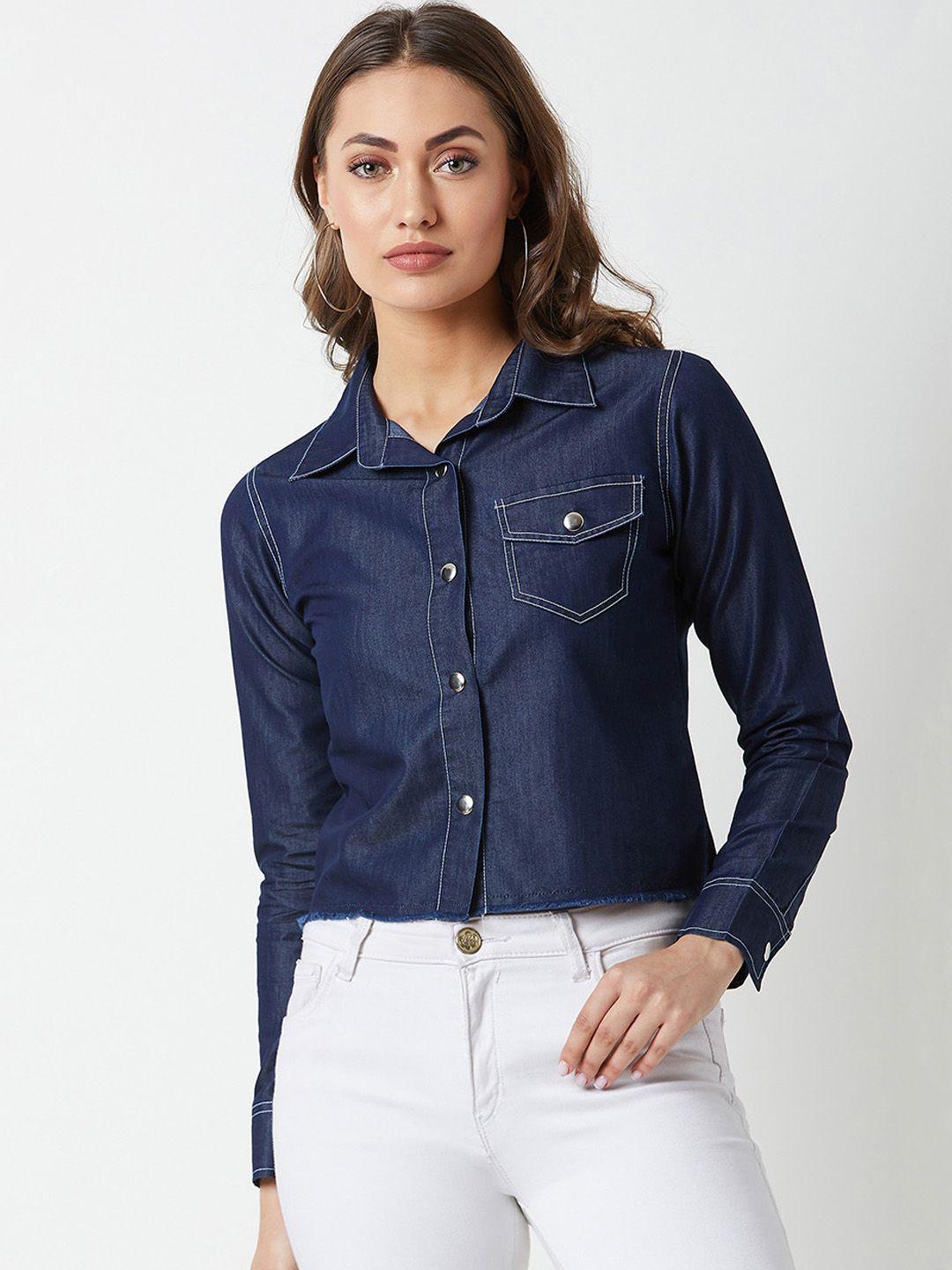 miss chase women navy blue denim solid casual shirt