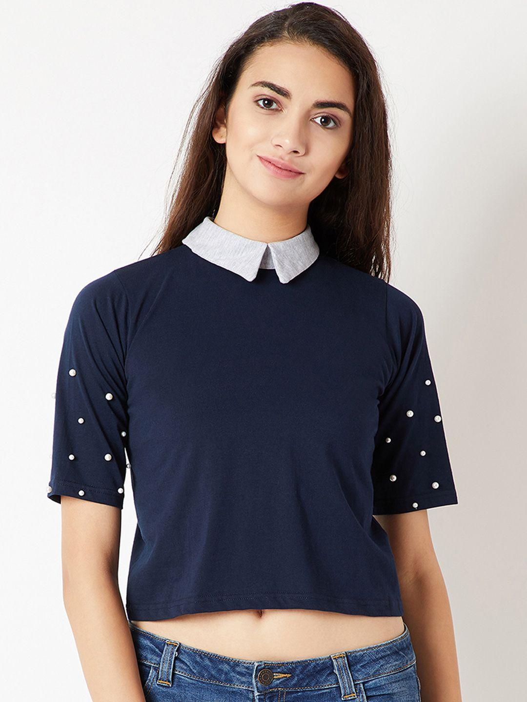 miss chase women navy blue embellished shirt style pure cotton top