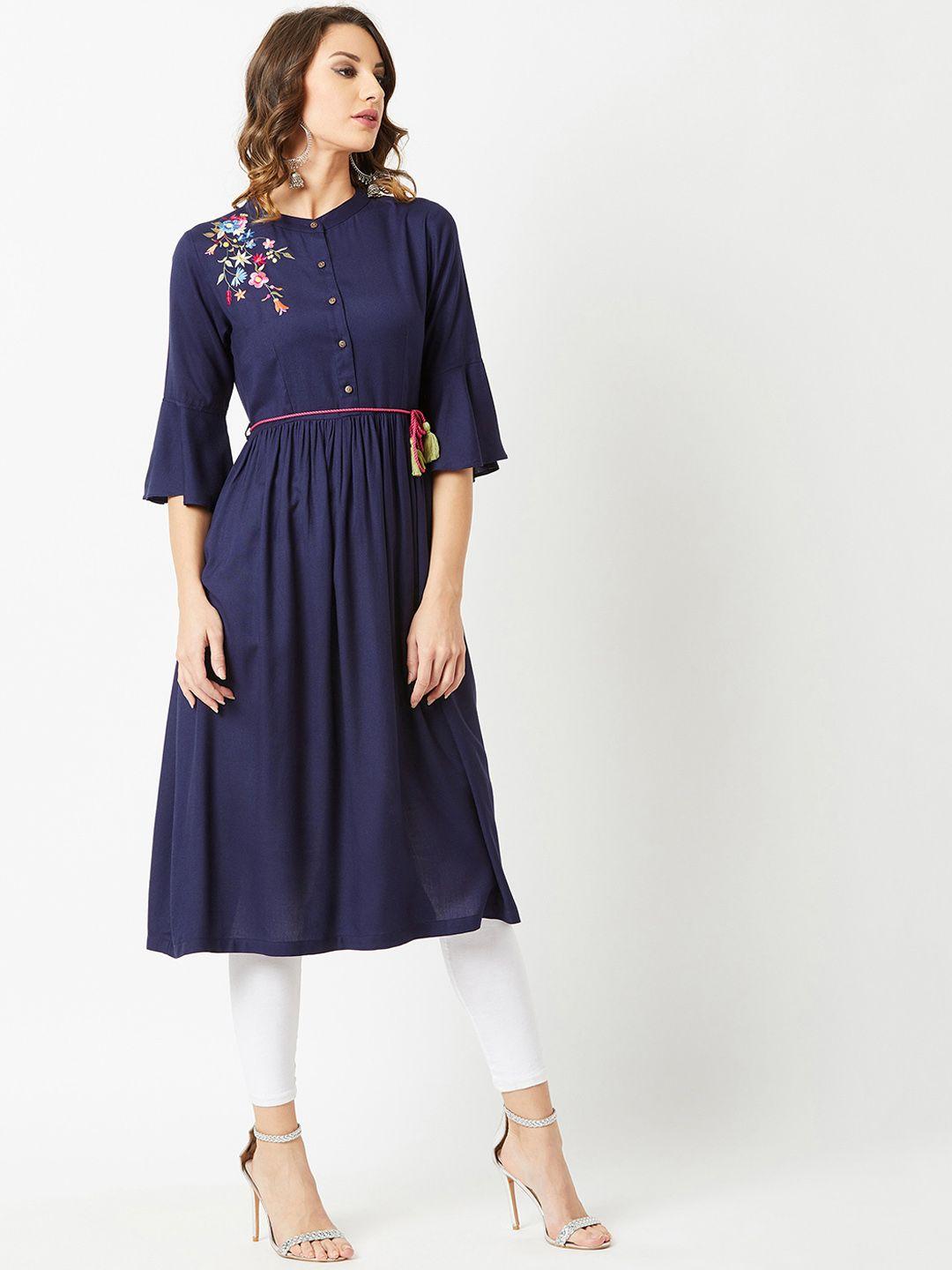 miss chase women navy blue floral embroidered detail gathered kurta