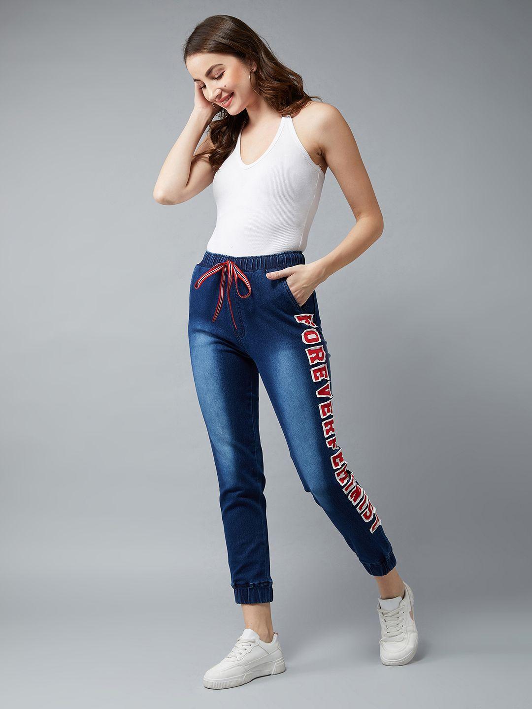 miss chase women navy blue regular fit printed joggers