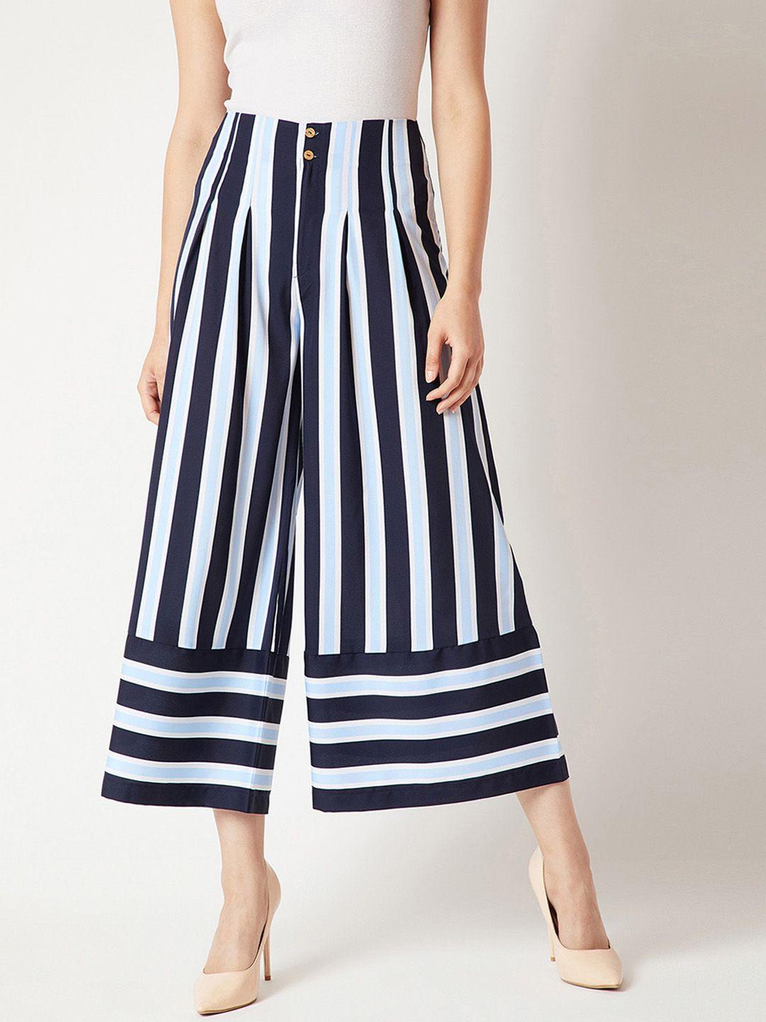 miss chase women navy blue regular fit striped culottes
