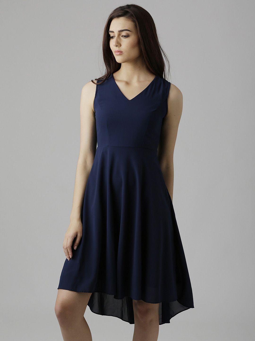 miss chase women navy blue solid fit and flare dress
