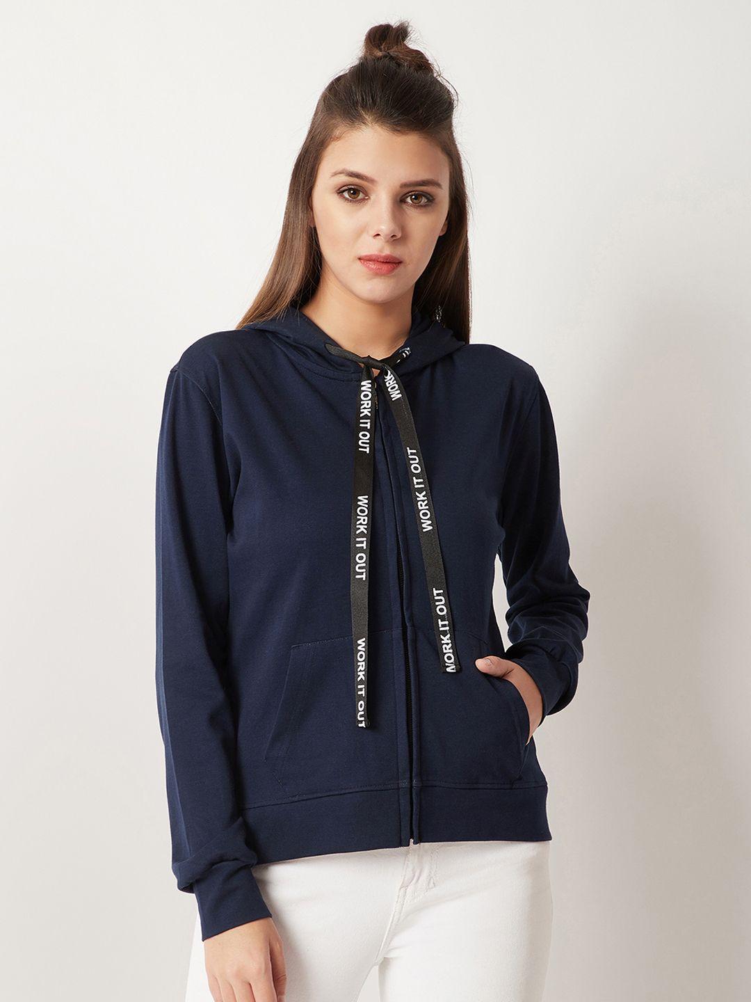 miss chase women navy blue solid hooded sweatshirt
