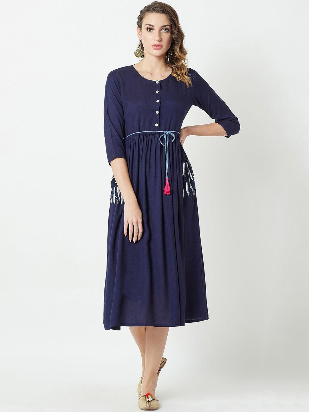 miss chase women navy blue solid midi buttoned up dress