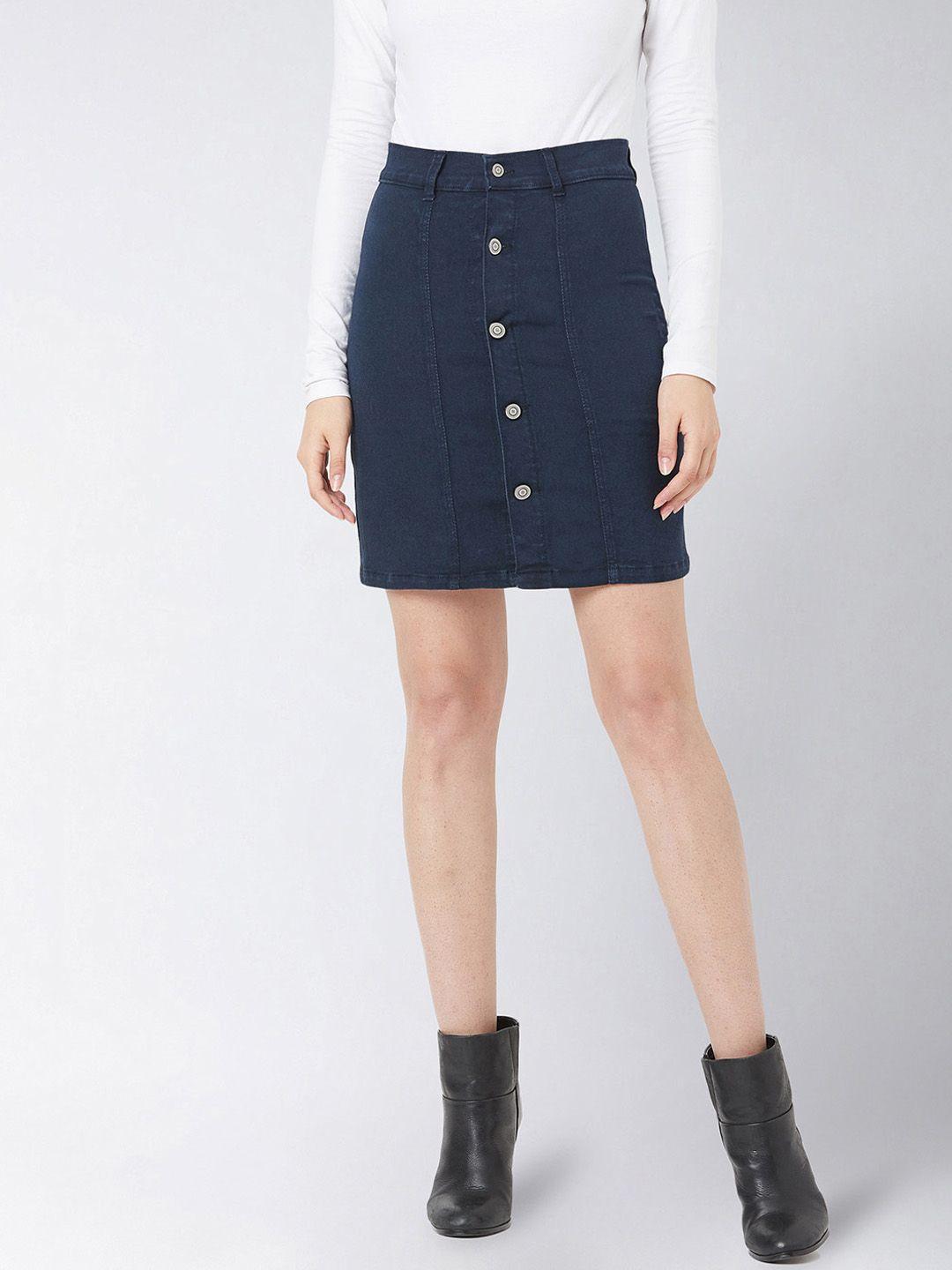 miss chase women navy blue solid mini denim skirt