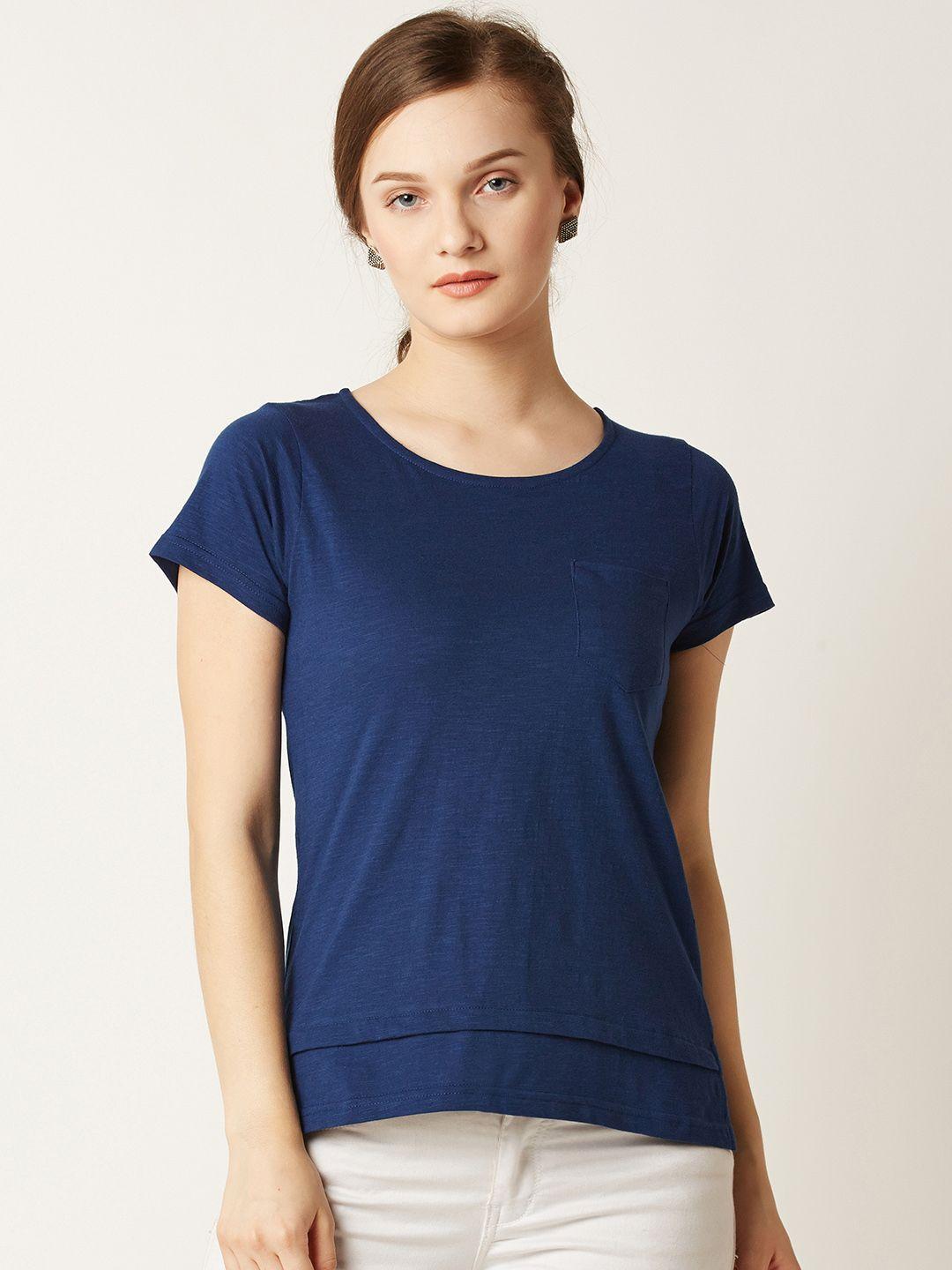miss chase women navy blue solid pure cotton top