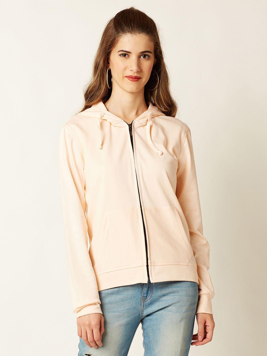 miss chase women peach-coloured solid hooded sweatshirt