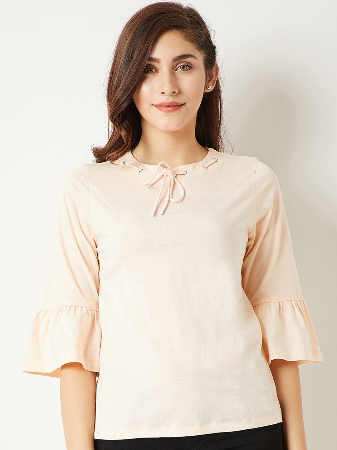 miss chase women peach-coloured solid pure cotton top
