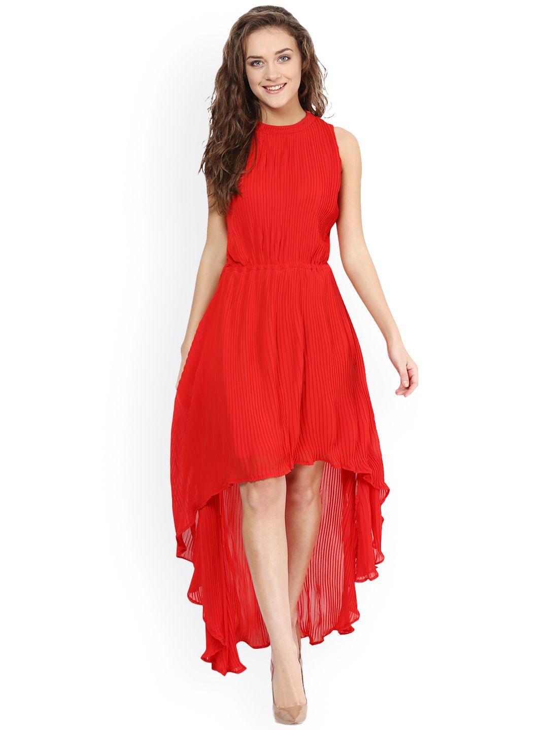 miss chase women red solid fit & flare high-low dress