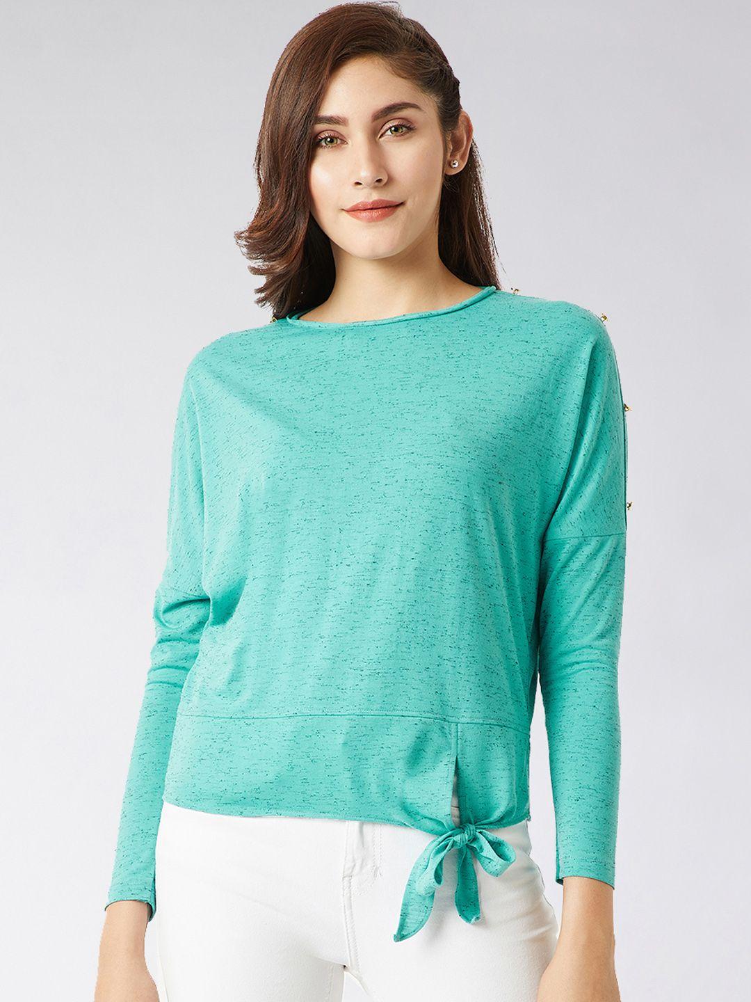 miss chase women sea green & grey printed pure cotton top