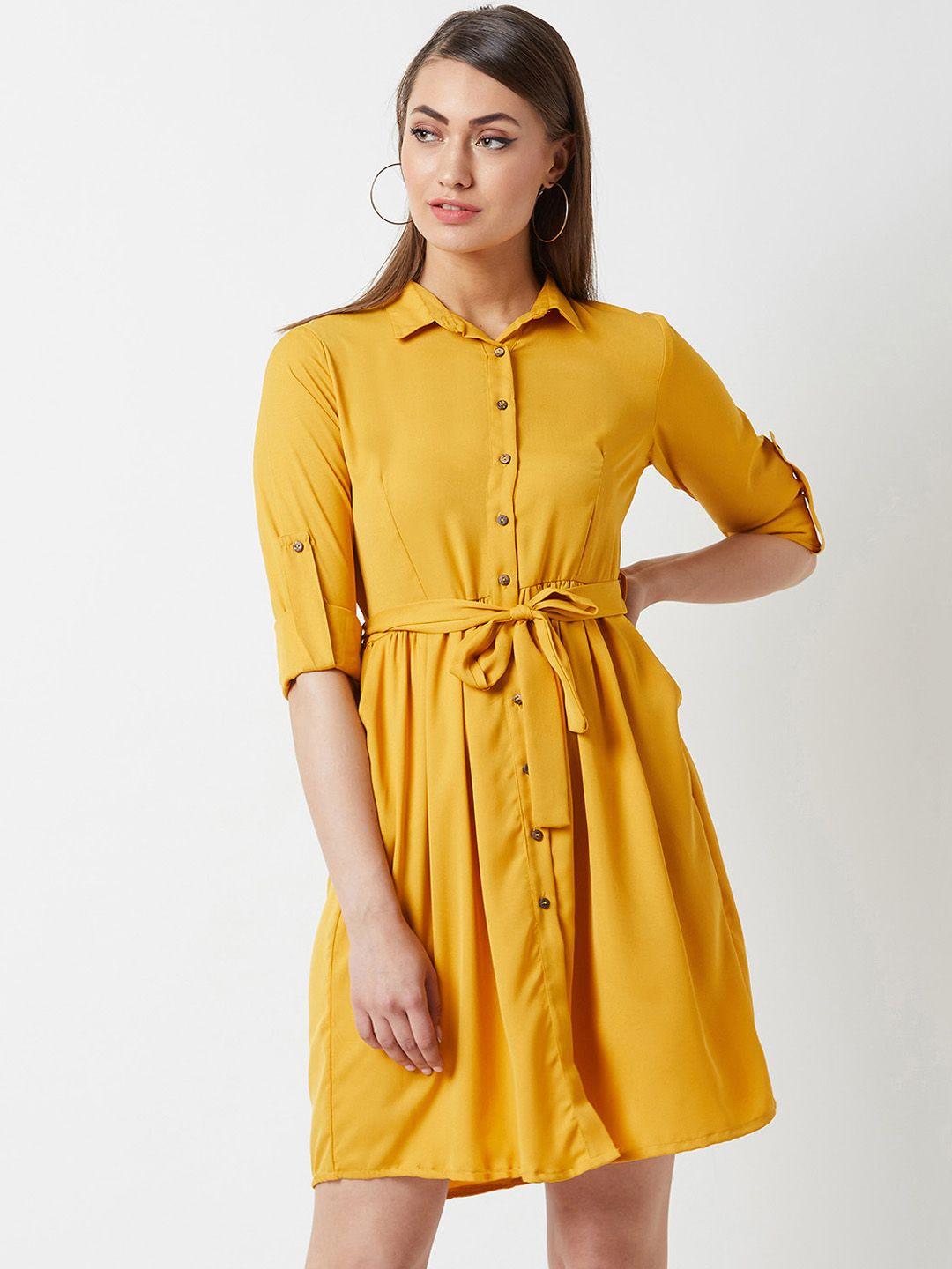 miss chase women solid mustard yellow shirt dress
