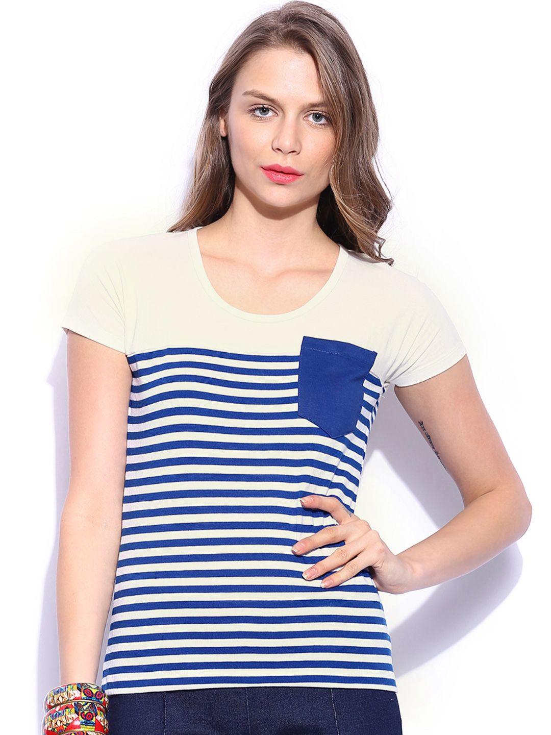 miss chase women white & blue striped t-shirt