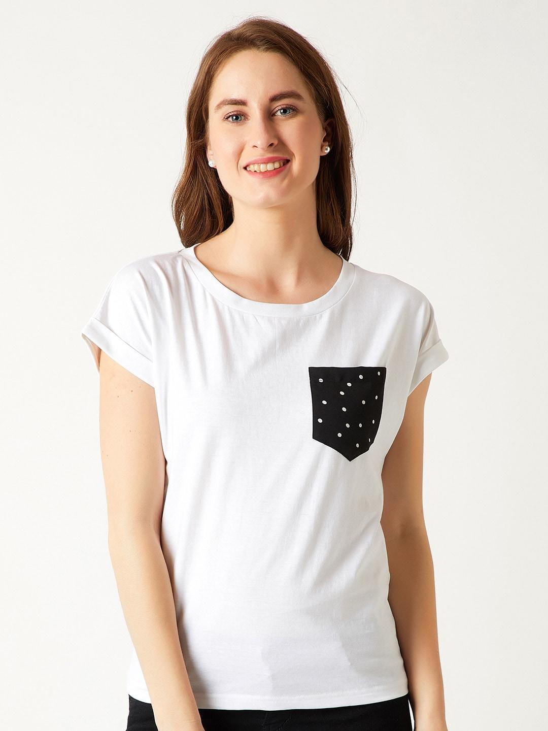 miss chase women white solid round neck t-shirt