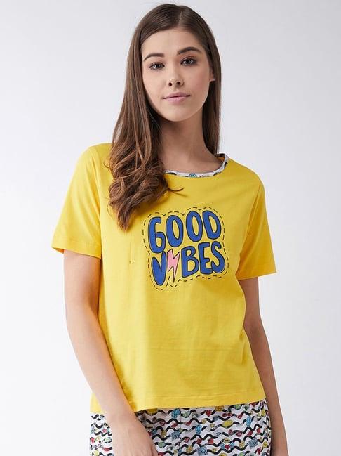 miss chase yellow cotton printed t-shirt