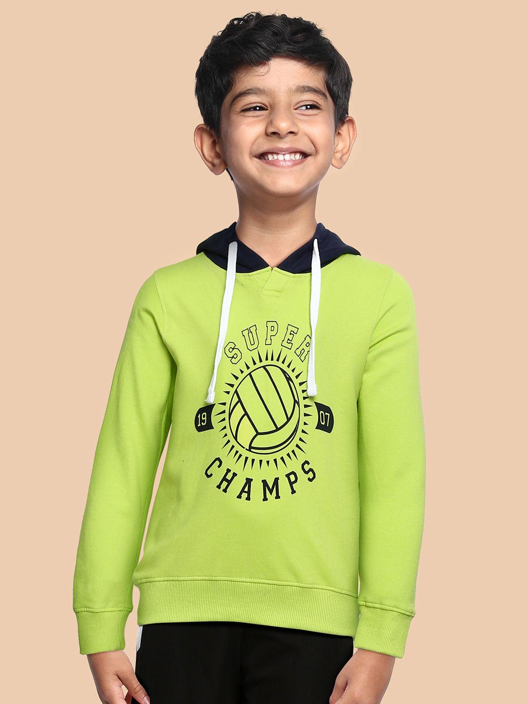 miss & chief boys fluorescent green graphic printed pure cotton hooded pullover