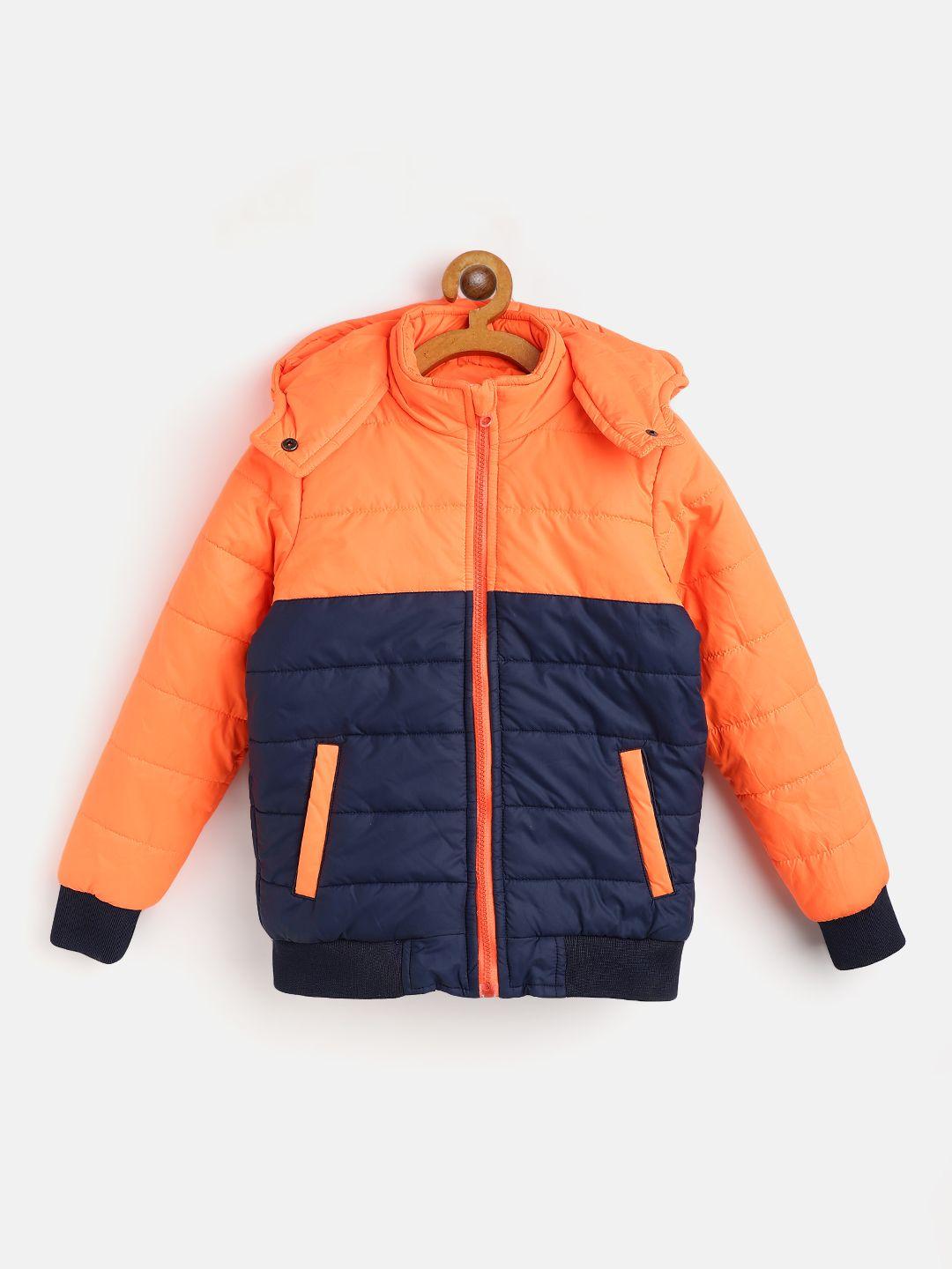 miss & chief boys fluorescent orange  & navy blue colourblocked hooded padded jacket