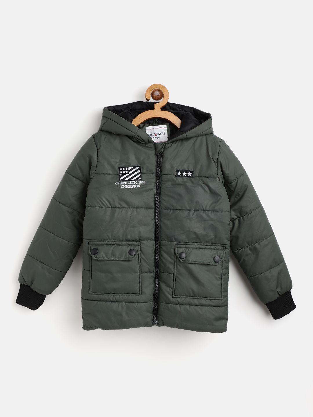 miss & chief boys olive green solid hooded padded jacket with patchwork detail