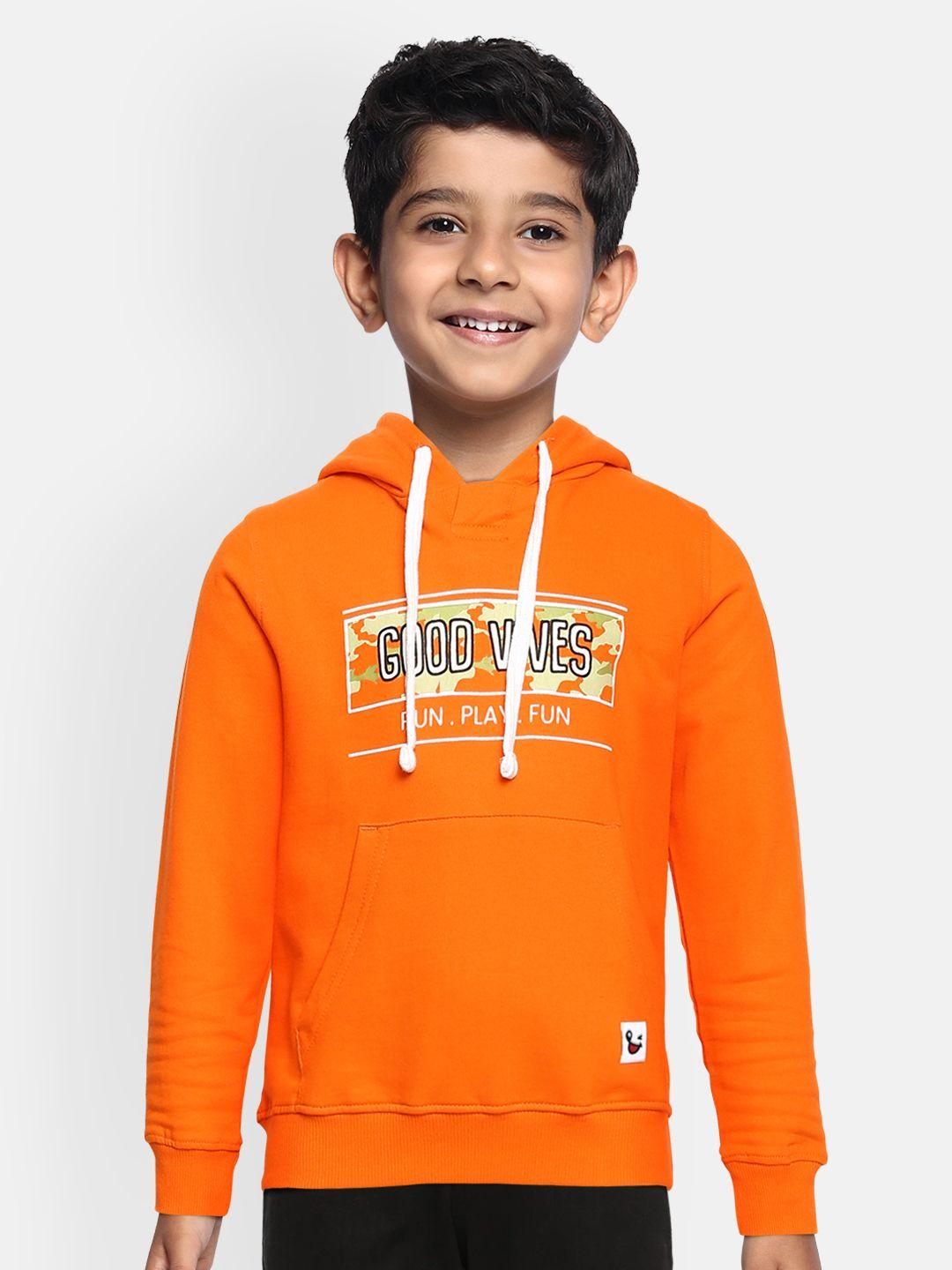 miss & chief boys orange printed pure cotton hooded sweatshirt