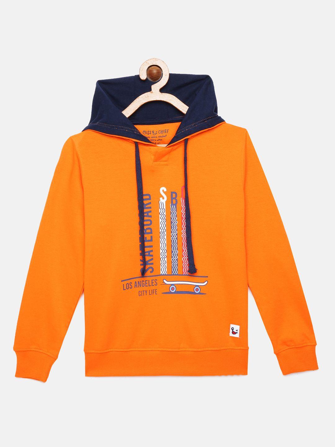 miss & chief boys orange printed pure cotton hooded sweatshirt