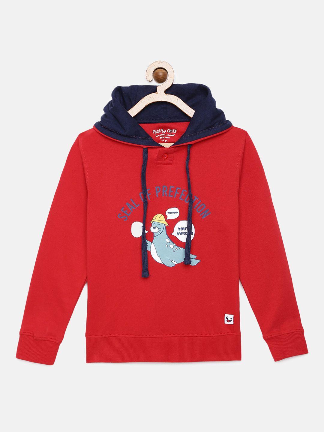 miss & chief boys red printed pure cotton hooded sweatshirt
