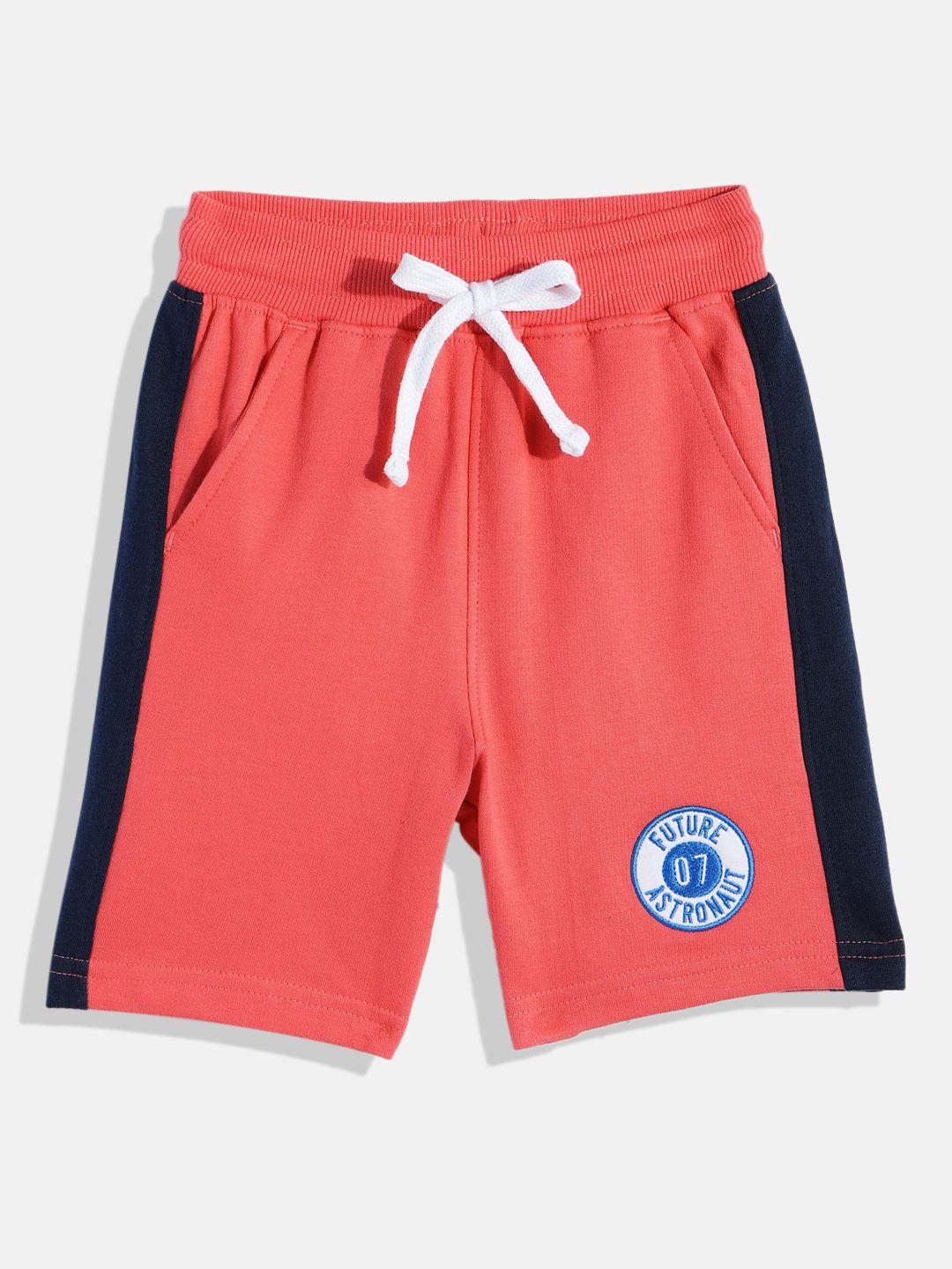miss & chief boys red solid pure cotton regular shorts with embroidered detail