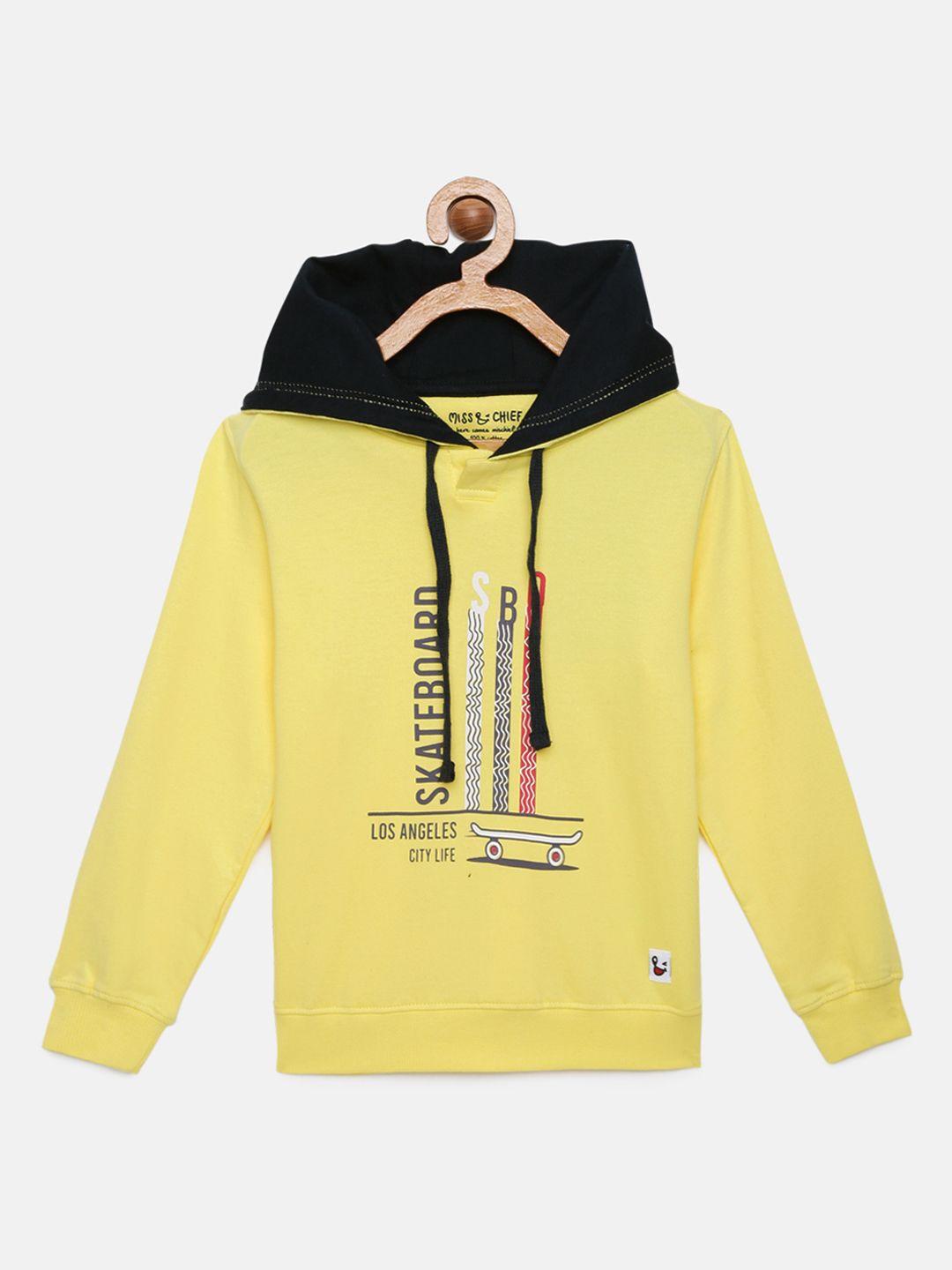 miss & chief boys yellow printed pure cotton hooded sweatshirt