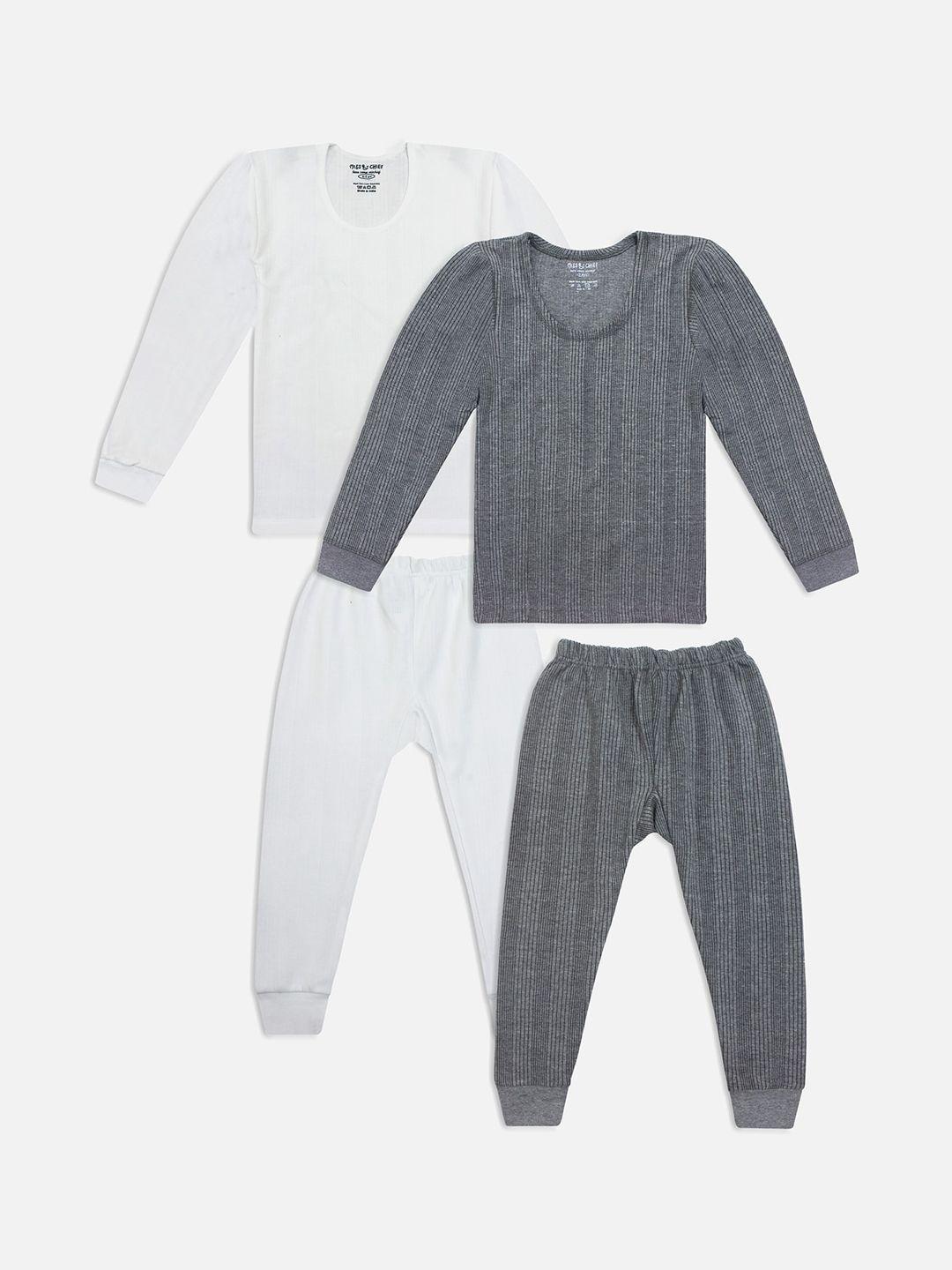 miss & chief kids pack of 2 grey & off-white striped thermal sets