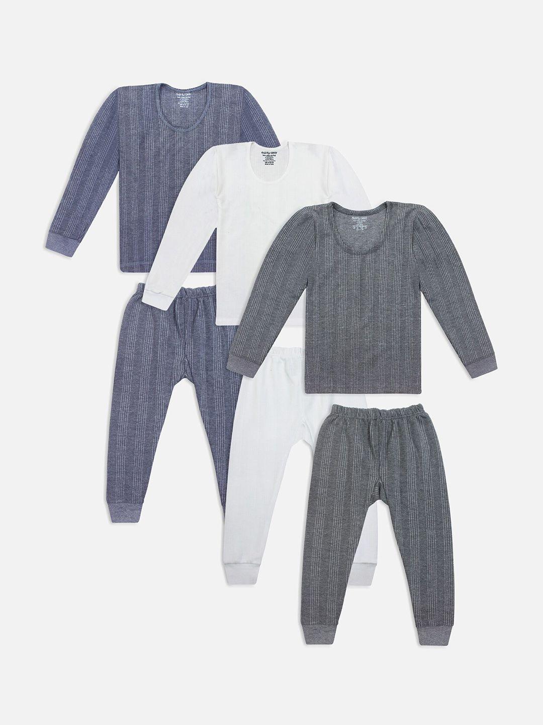 miss & chief kids pack of 3 grey & off-white striped thermal sets