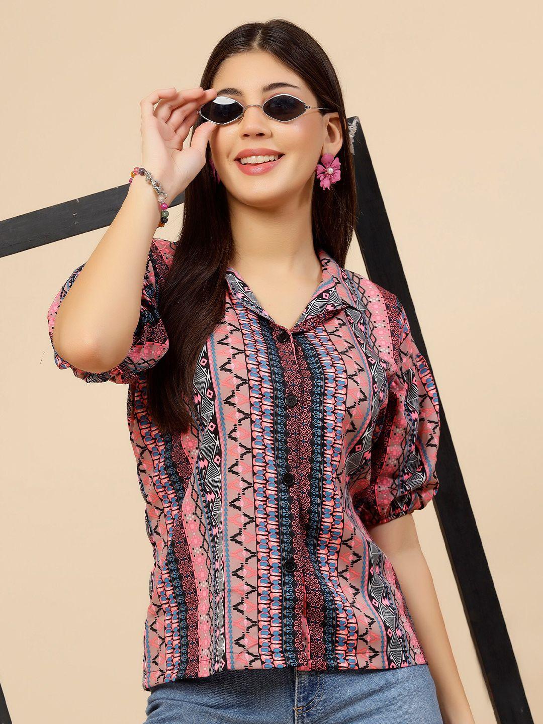 miss ayse abstract printed puff sleeves crepe shirt style top