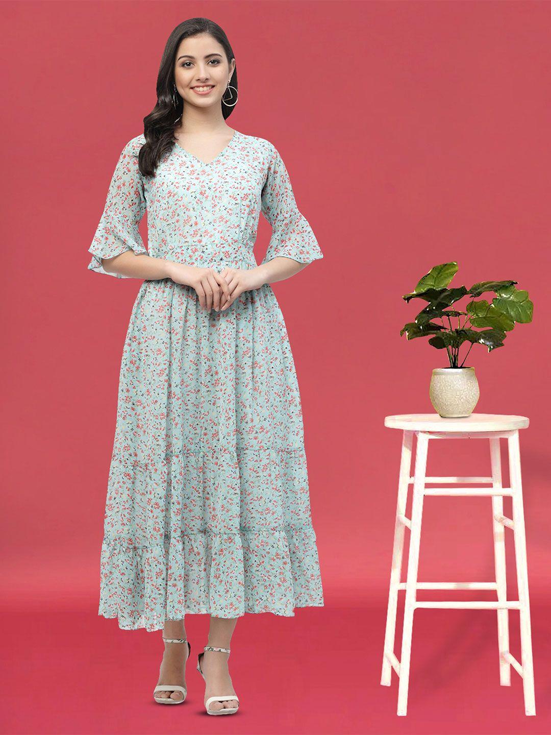 miss ayse blue floral print flared sleeve georgette a-line maxi dress