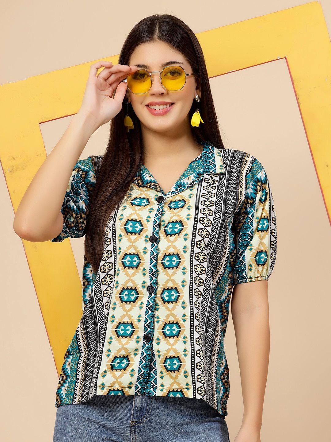 miss ayse ethnic motifs printed mandarin collar crepe shirt style top