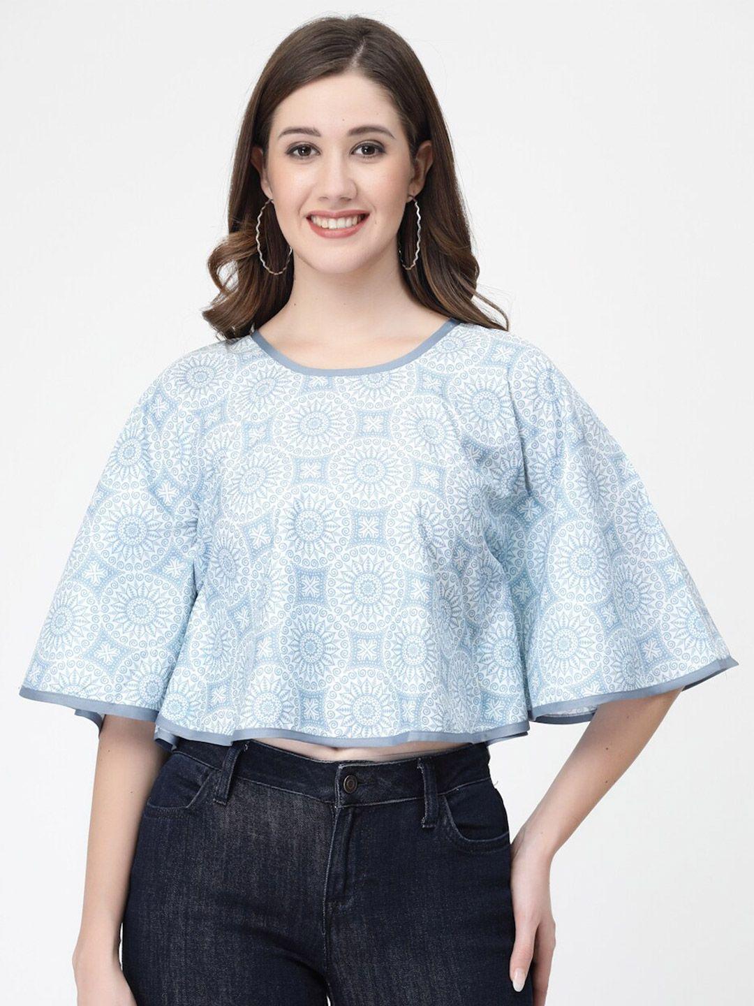 miss ayse ethnic printed round neck flared sleeves crop top