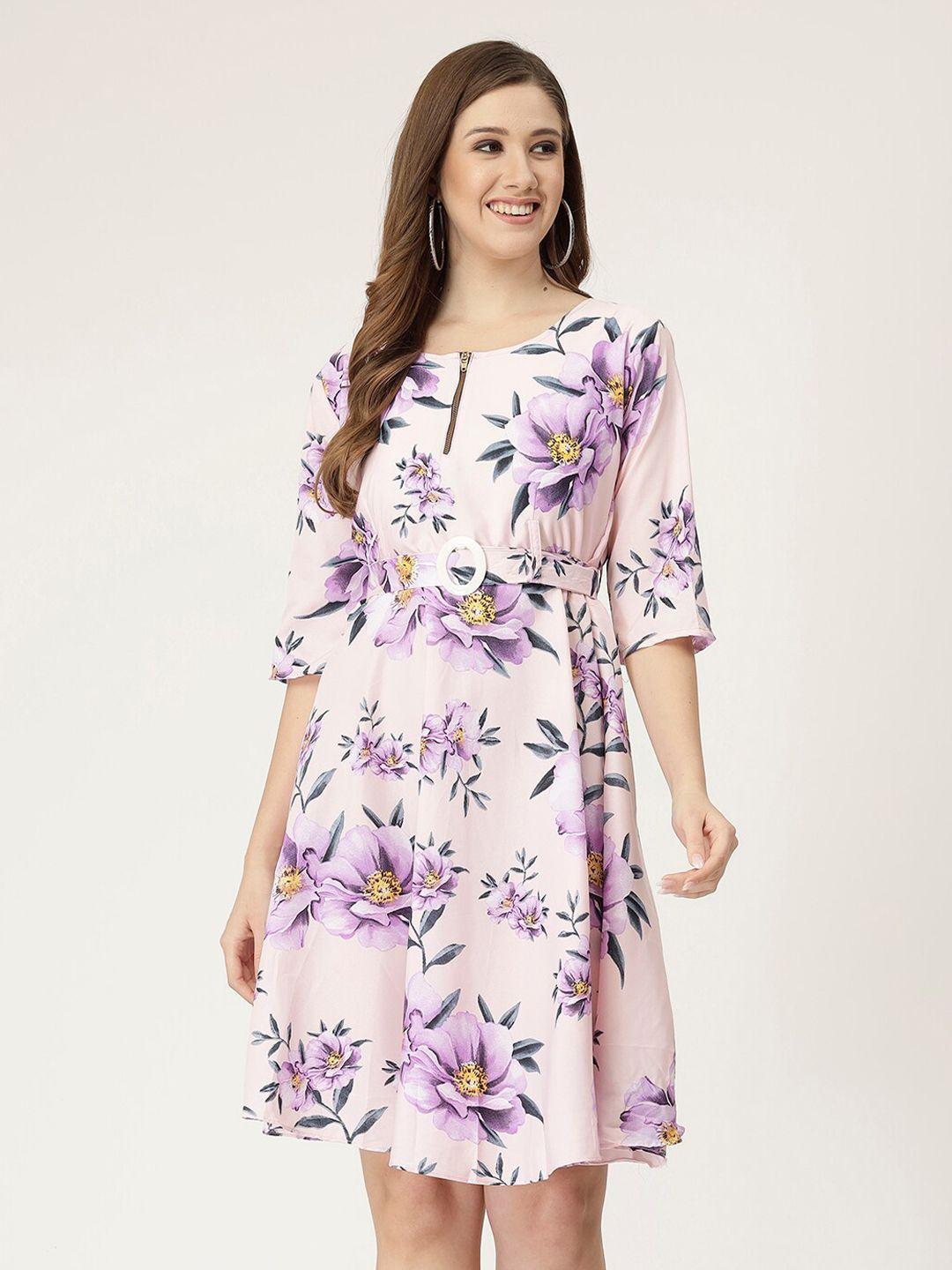 miss ayse floral printed belted fit & flare dress