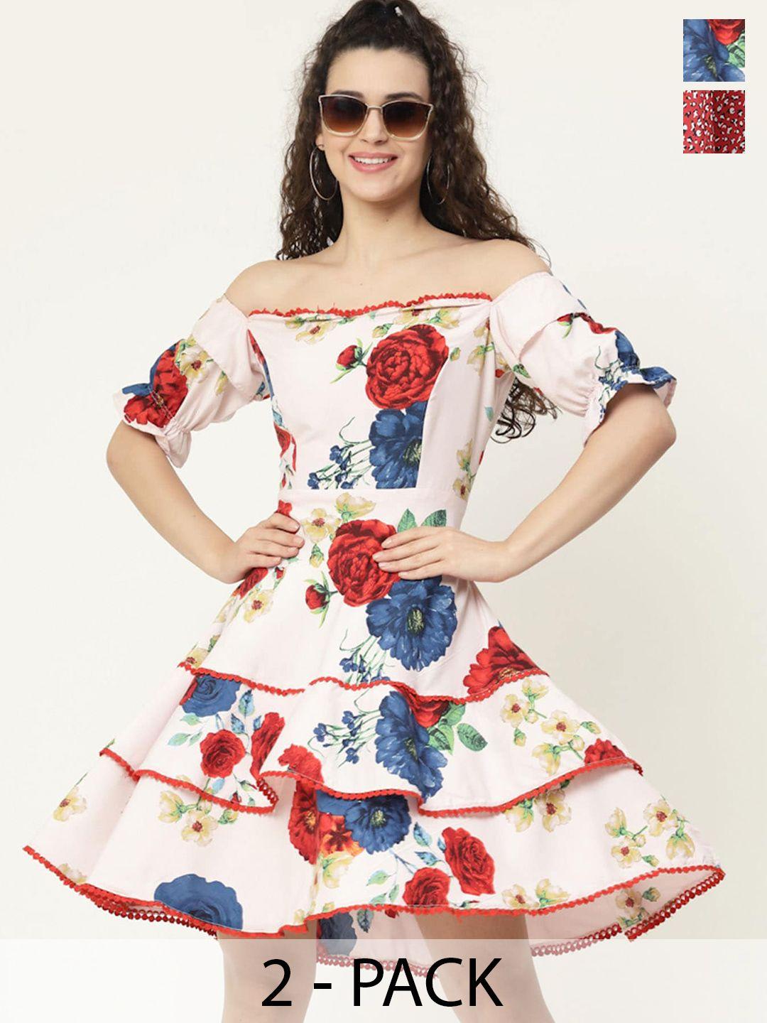 miss ayse pack of 2 floral print off-shoulder crepe fit & flare dress