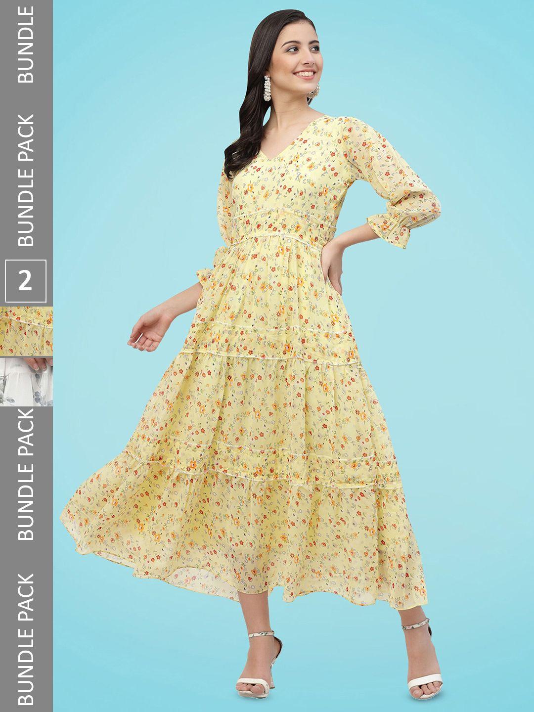 miss ayse pack of 2 floral printed bell sleeves georgette fit & flare dress