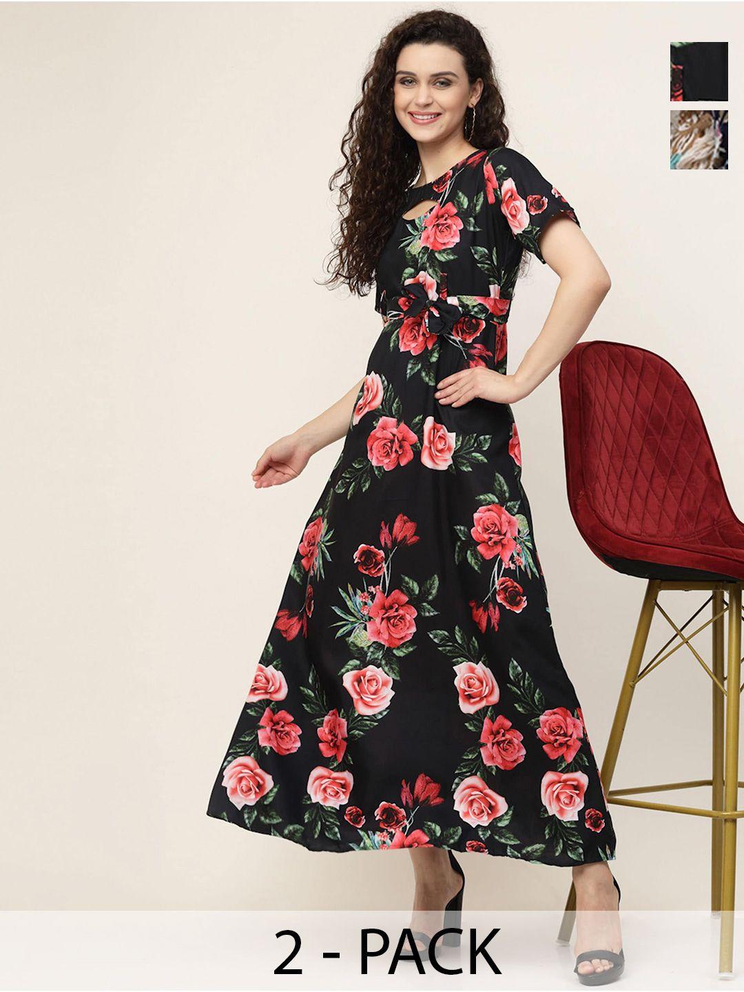 miss ayse pack of 2 floral printed round neck flared sleeve georgette maxi dress