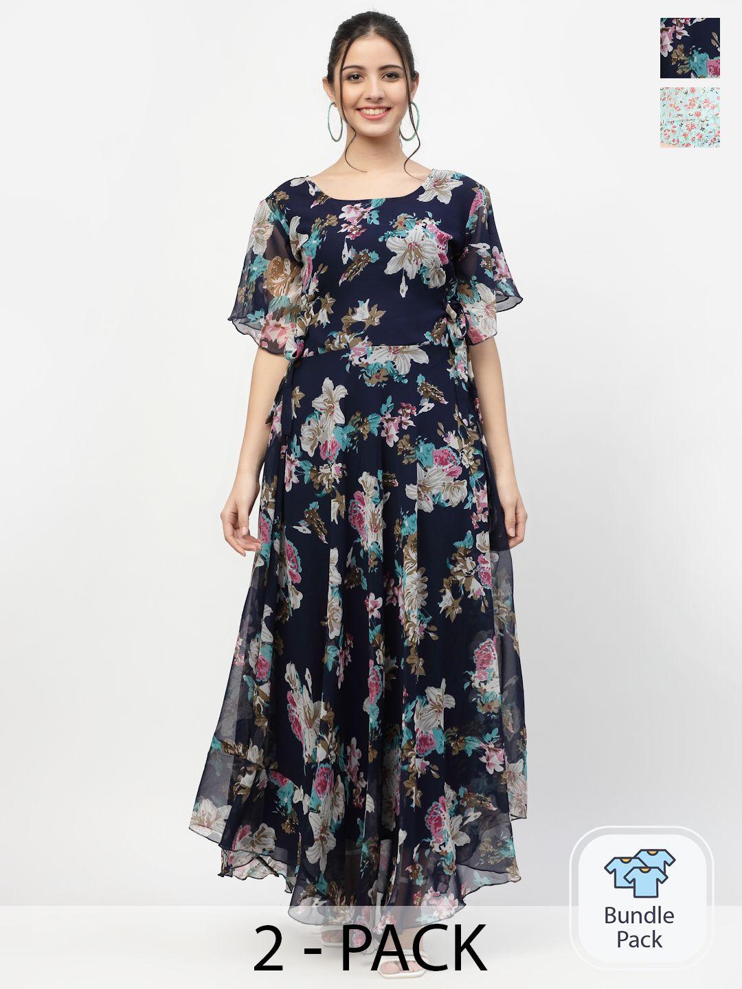 miss ayse pack of 2 navy blue & blue floral printed fit & flare dresses