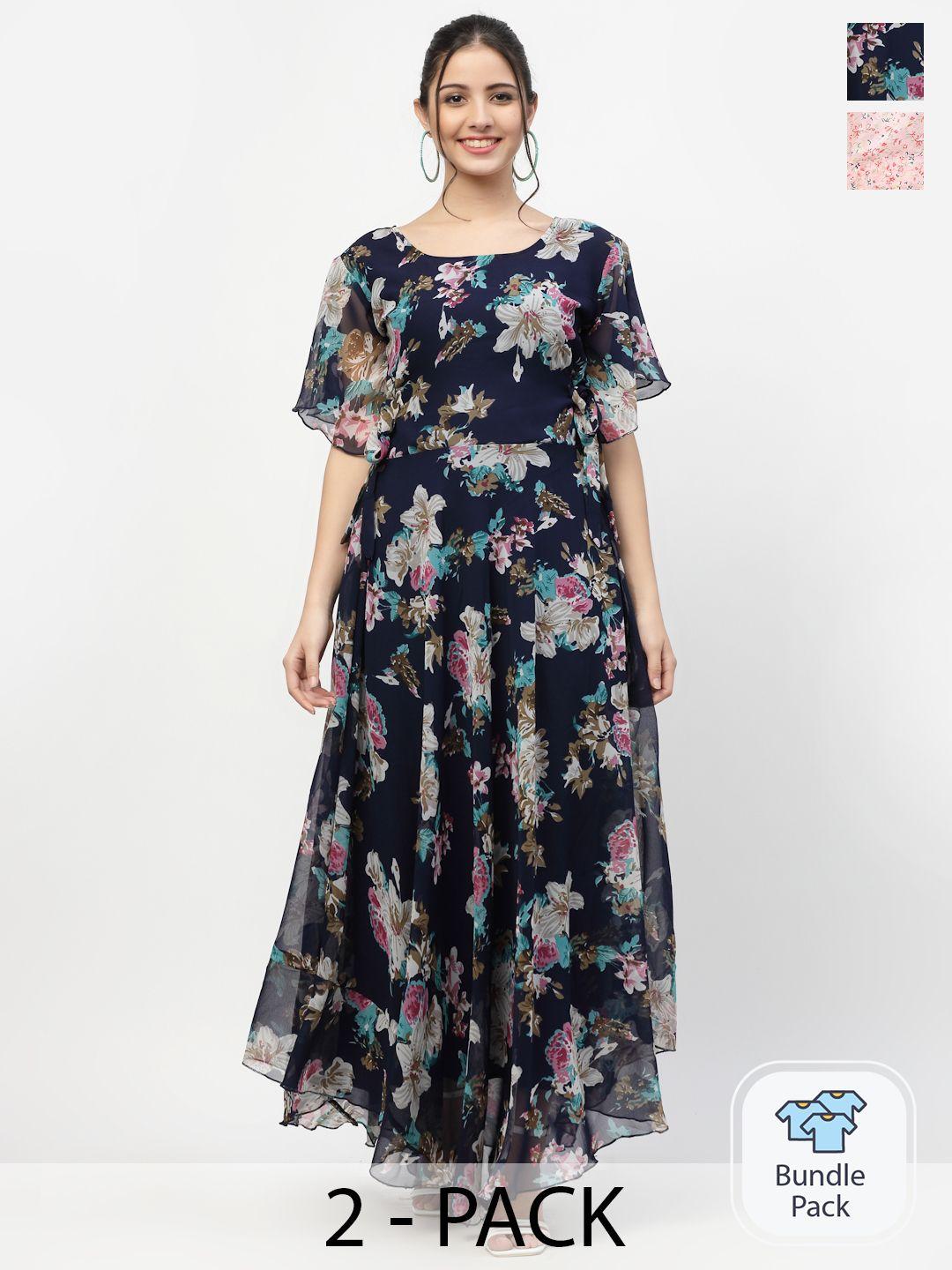 miss ayse pack of 2 navy blue & peach floral printed fit & flare dresses