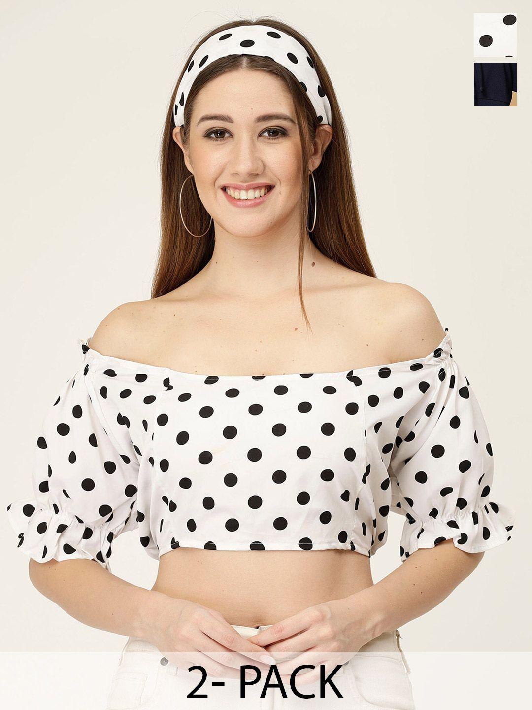 miss ayse pack of 2 polka dot printed off-shoulder bardot crop tops