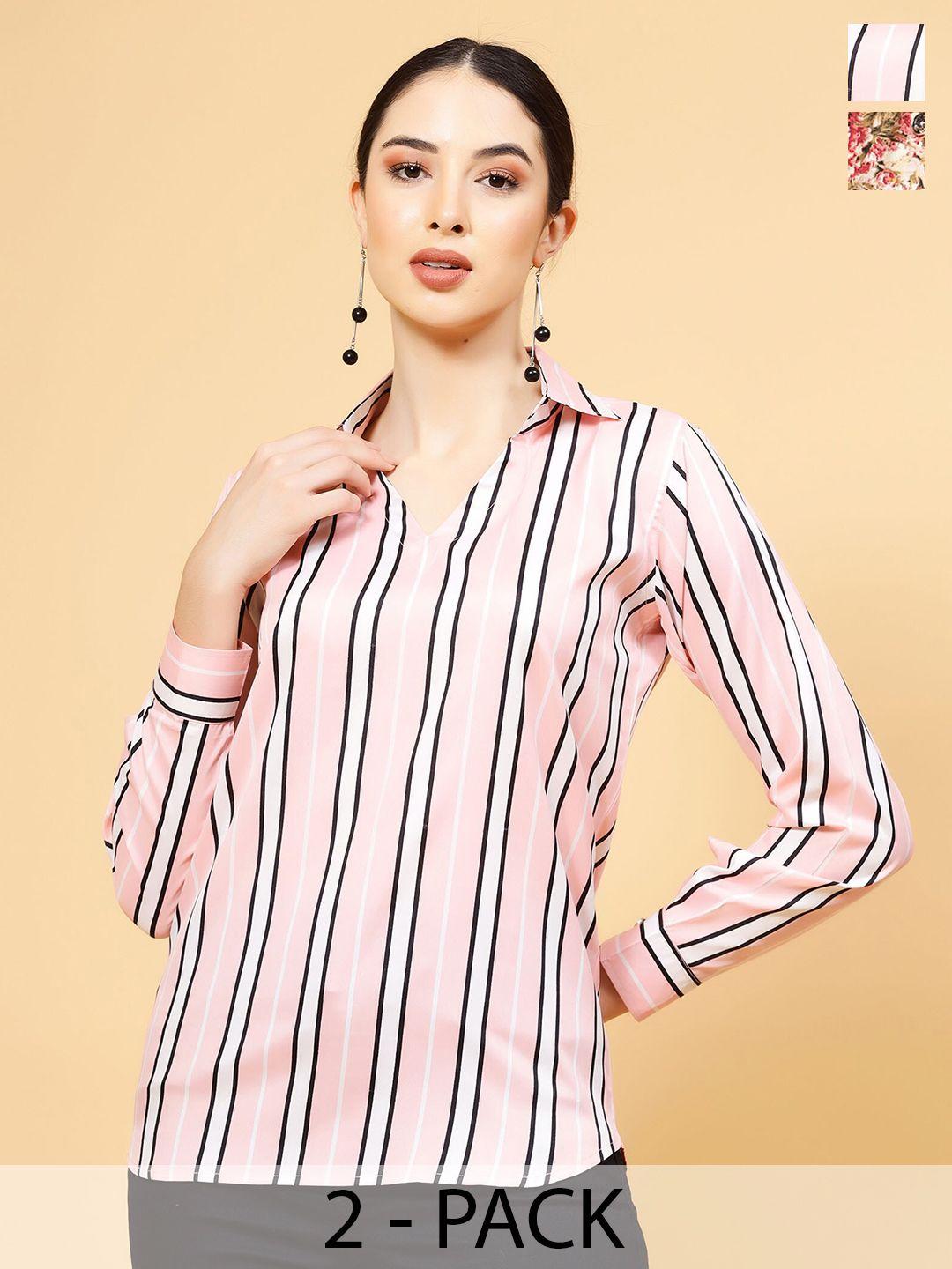 miss ayse pack of 2 short collar long sleeves striped crepe top