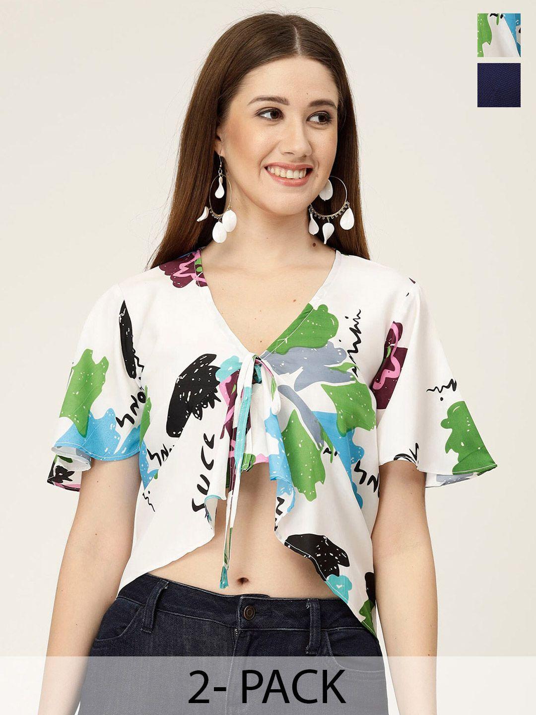 miss ayse pack of 2 v-neck abstract printed flared sleeve crop top